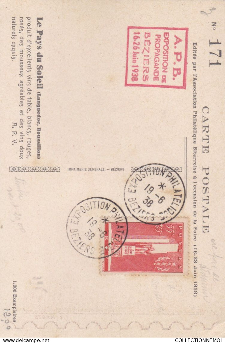 EXPOSITION DE PROPAGANDE PHILATELIQUE De BEZIERS 16-26 Juin 1938 ,,2 Cartes ,tirage 1000 Exemplaires - Gedenkstempels