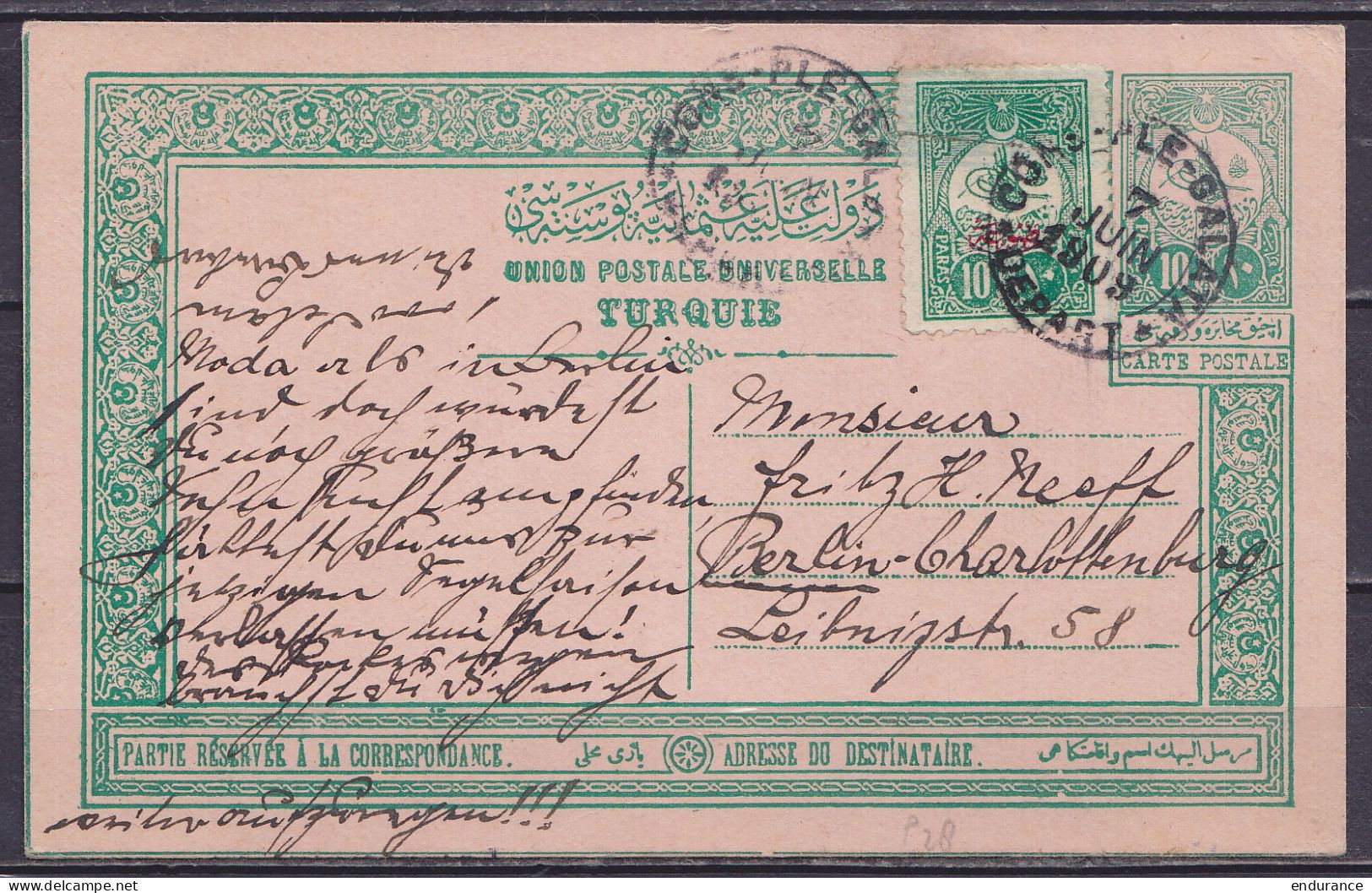 Turquie - EP CP 10p +10p Càd CONSTANTINOPLE GALATA /7 JUIN 1909 Pour BERLIN - Charlottenburg - Postwaardestukken