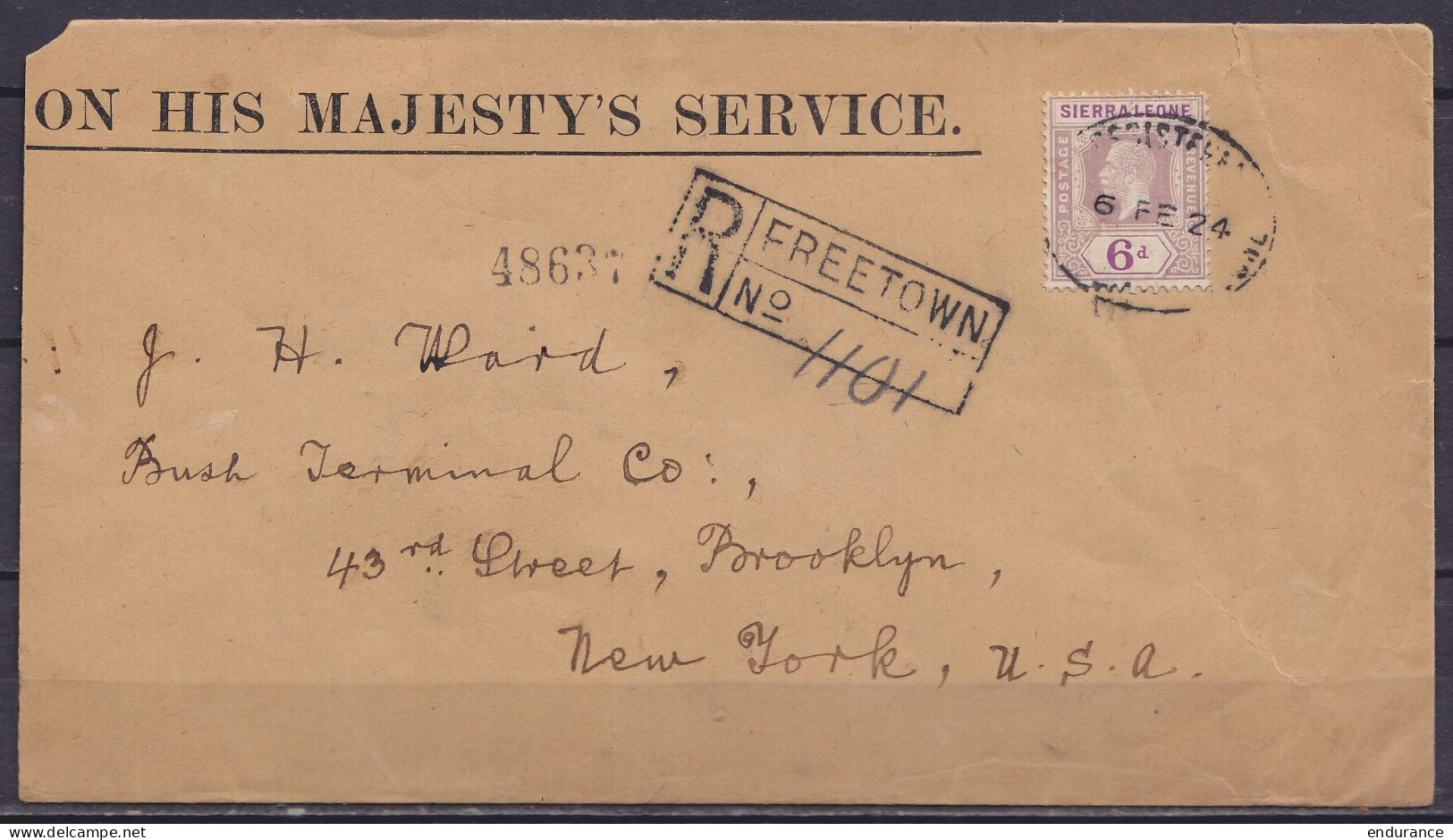 L. Service "On His Majesty Service" Recommandée Affr. 6d Càd "REGISTERED /6 FE 1924/ FREETOWN SIERRA LEONE" Pour BROOKLY - Sierra Leone (...-1960)