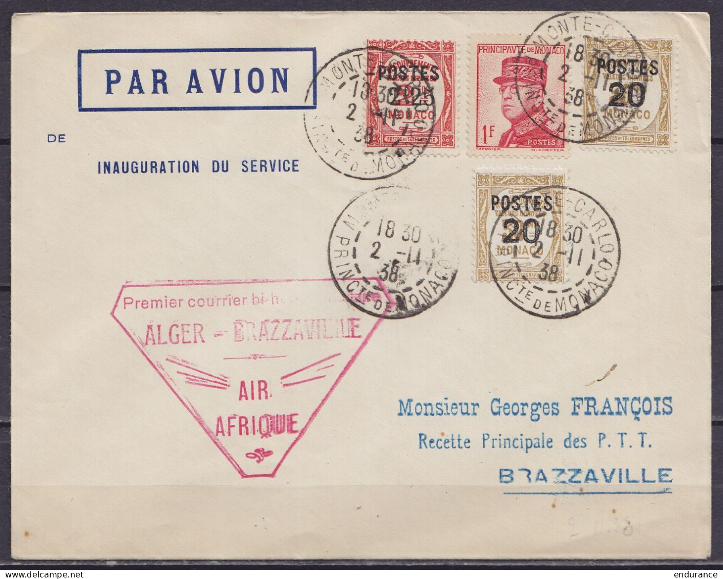 Monaco - L. Par Avion Affr. 2x N°143 + N°152+163 Càd MONTE-CARLO /2-11-1938 Pour BRAZZAVILLE - Cachet "Premier Courrier  - Covers & Documents