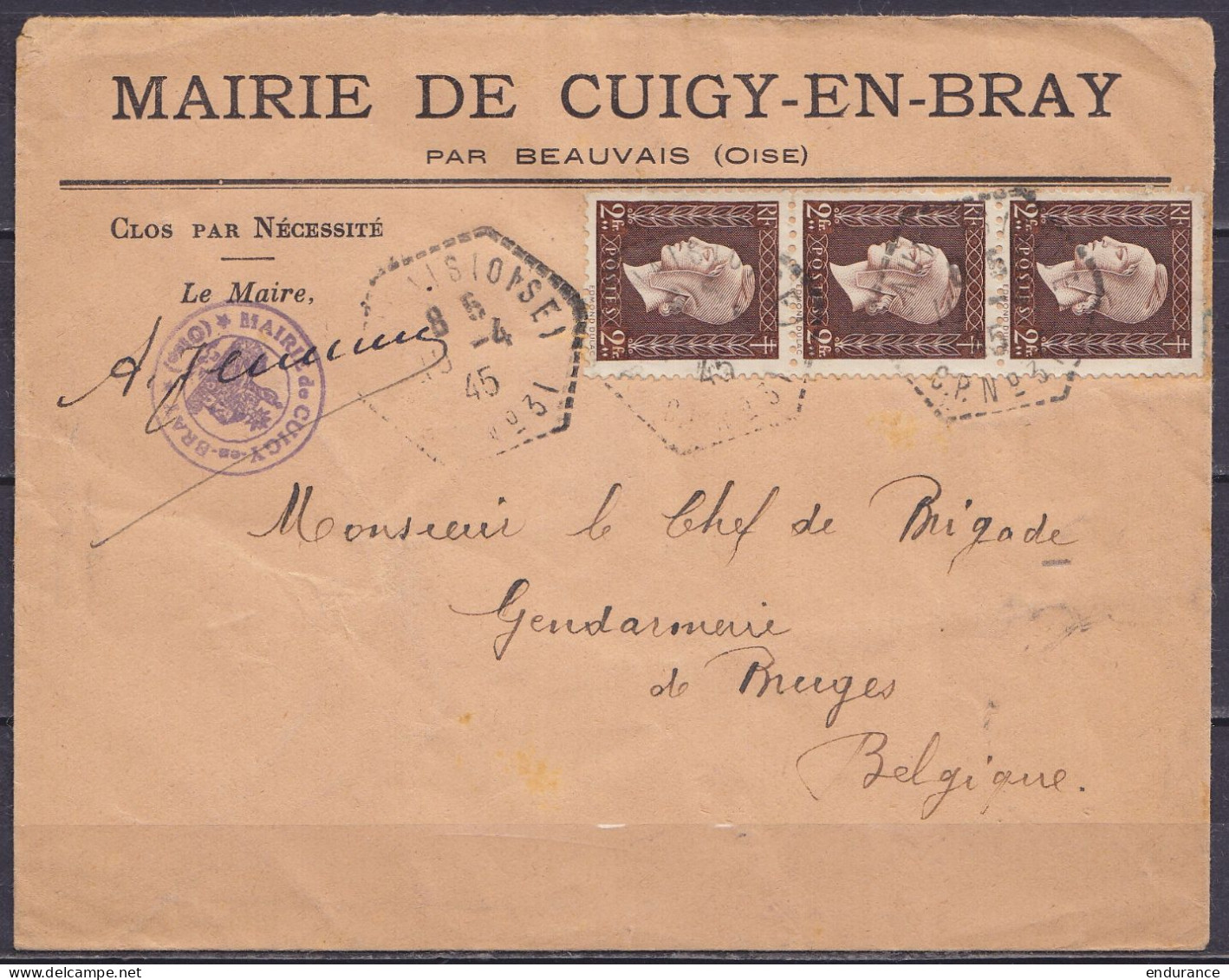 L. "Mairie De Cuigy-en-Bray" Affr. Bande Verticale 3x N°692 Càd Perlé Hexagon. "BAUVAIS (OISE) /10-4-1945/ C.P. N°31" Po - 1944-45 Marianna Di Dulac
