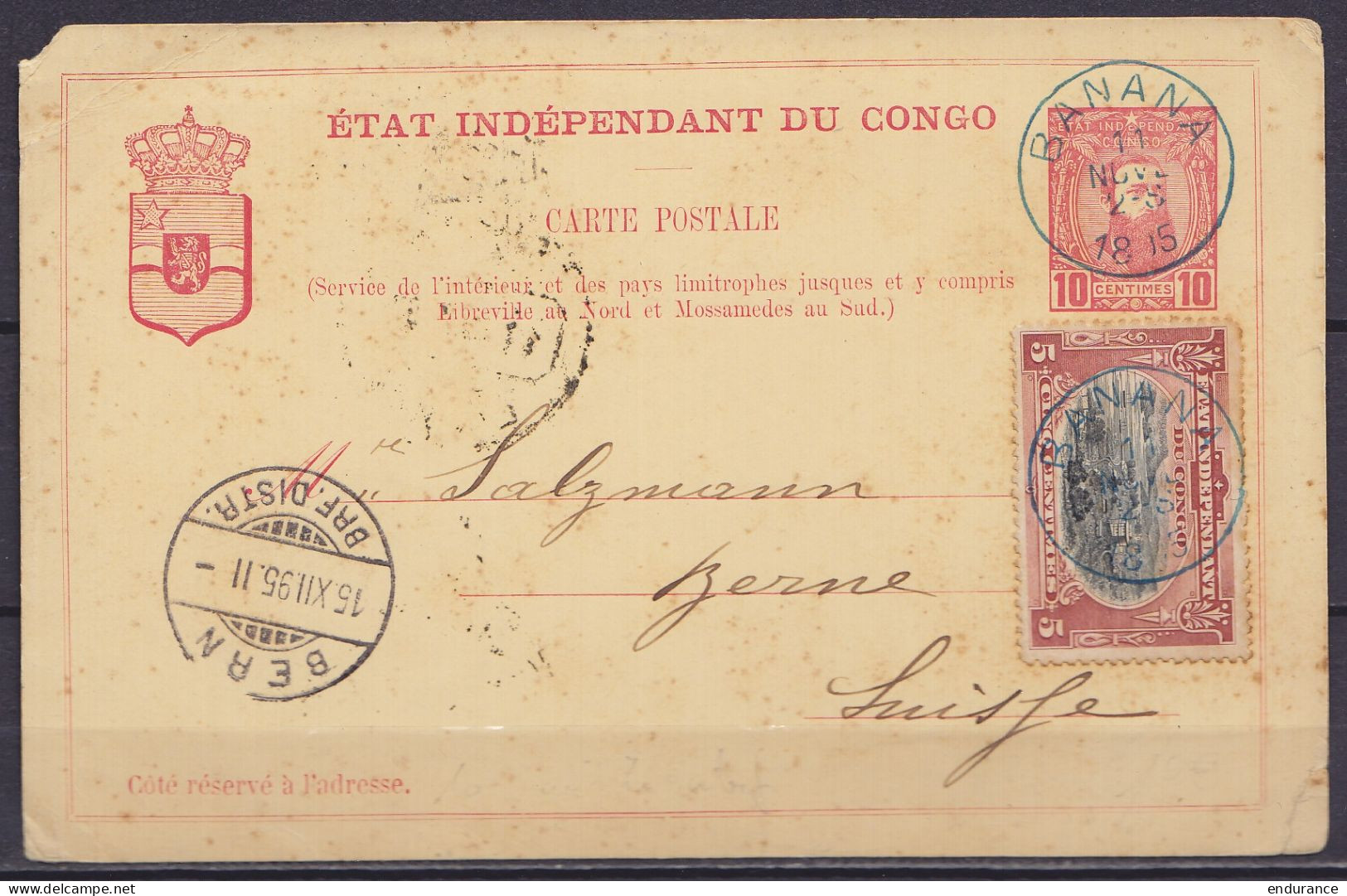 Etat Indépendant Du Congo - EP CP 10c (N°7) + N°15 Càd Bleu BANANA /11 NOV 1895 Pour BERNE (Suisse) Càpt Arrivée BERN /1 - Interi Postali