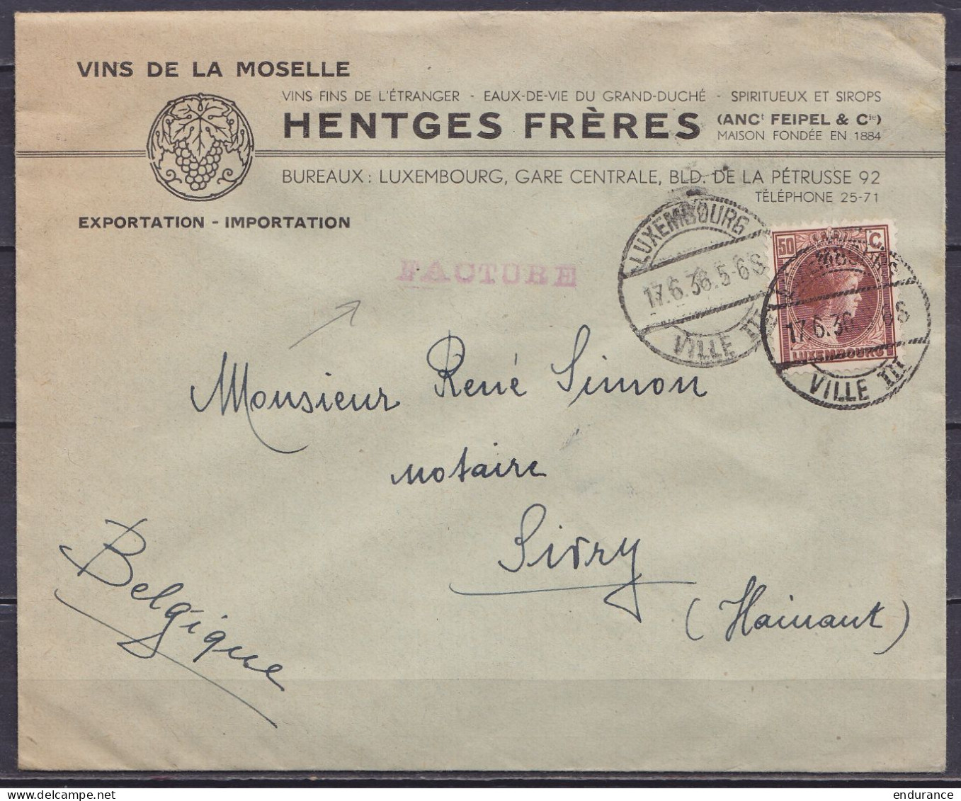 Luxembourg - L. Entête "Vins De La Moselle Hentges" Affr. 50c (tarif Facture) Càd "LUXEMBOURG /17.6.1936/ VILLE III" Pou - 1926-39 Charlotte Rechtsprofil