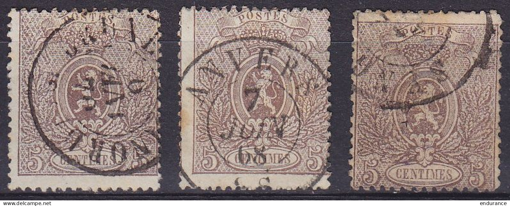 Belgique - Lot De 3x N°25A (dent: 15) Oblit. ANVERS, CHARLEROI (NORD) & ? - 1866-1867 Blasón