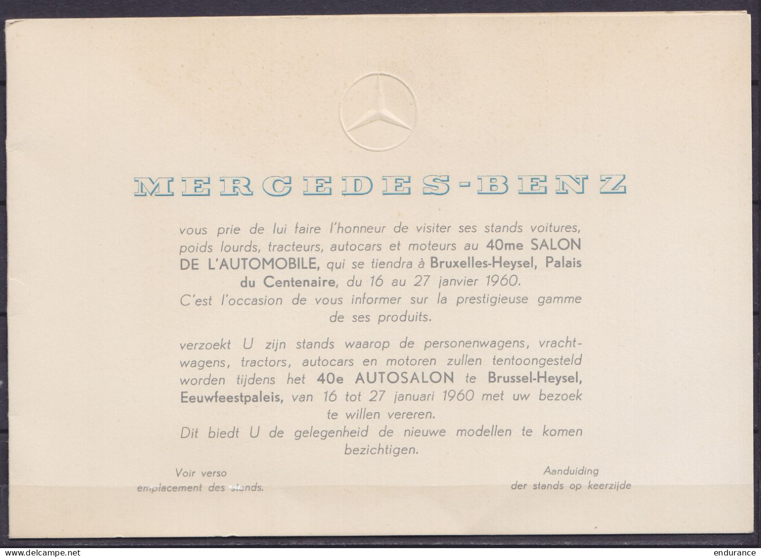 Imprimé - Invitation Mercedes-Benz Pour Le Salon De L'Automobile Bruxelles-Heysel 1960 Affr. PREO 40c [1959/1960] Pour V - Sobreimpresos 1951-80 (Chifras Sobre El Leon)