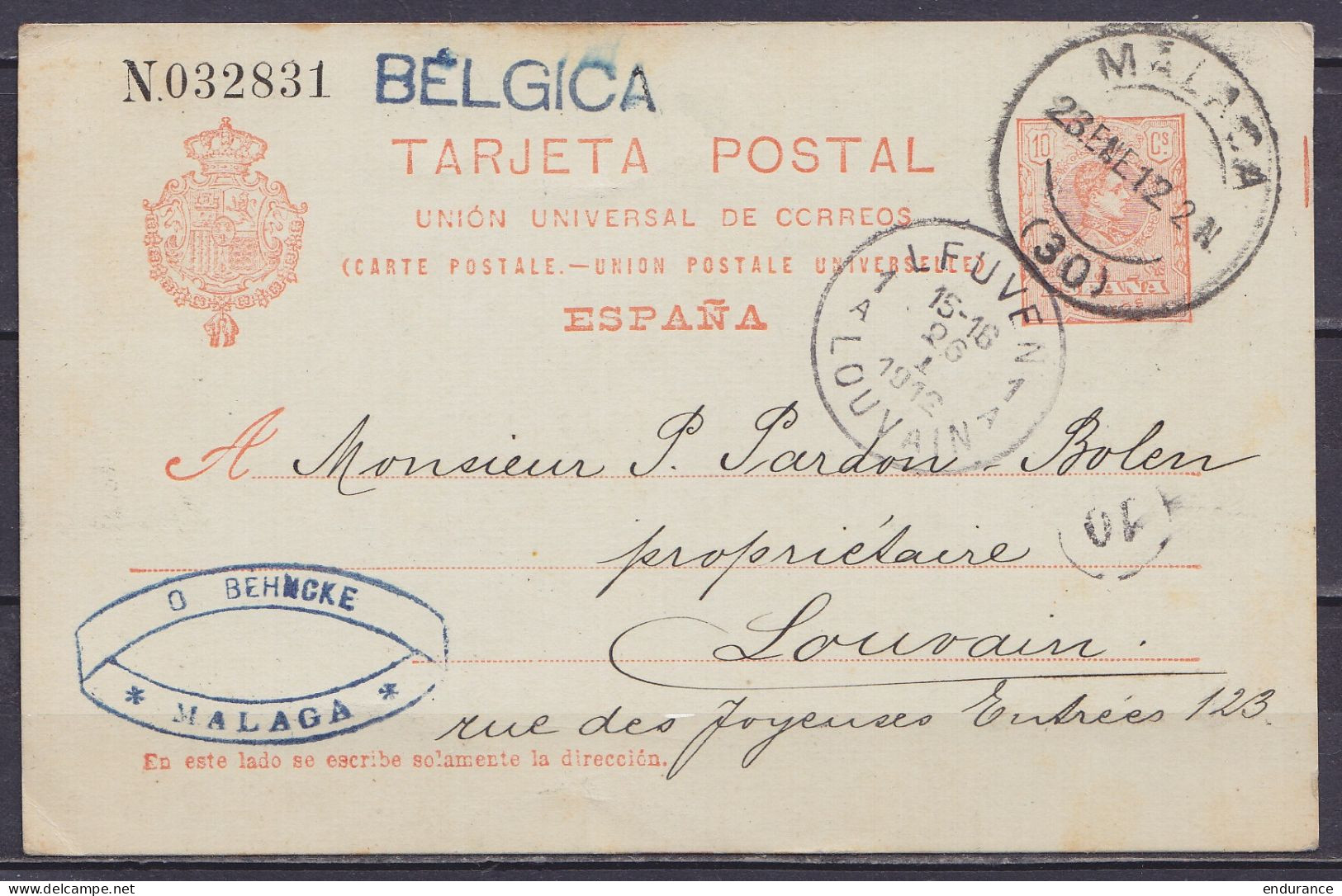 Espagne - EP CP Tarjeta Postale 10c Orange Càd MALAGA /23.ENE.1912 Pour LOUVAIN - Griffe 'BELGICA" - Càd Arrivée "LEUVEN - Autres & Non Classés