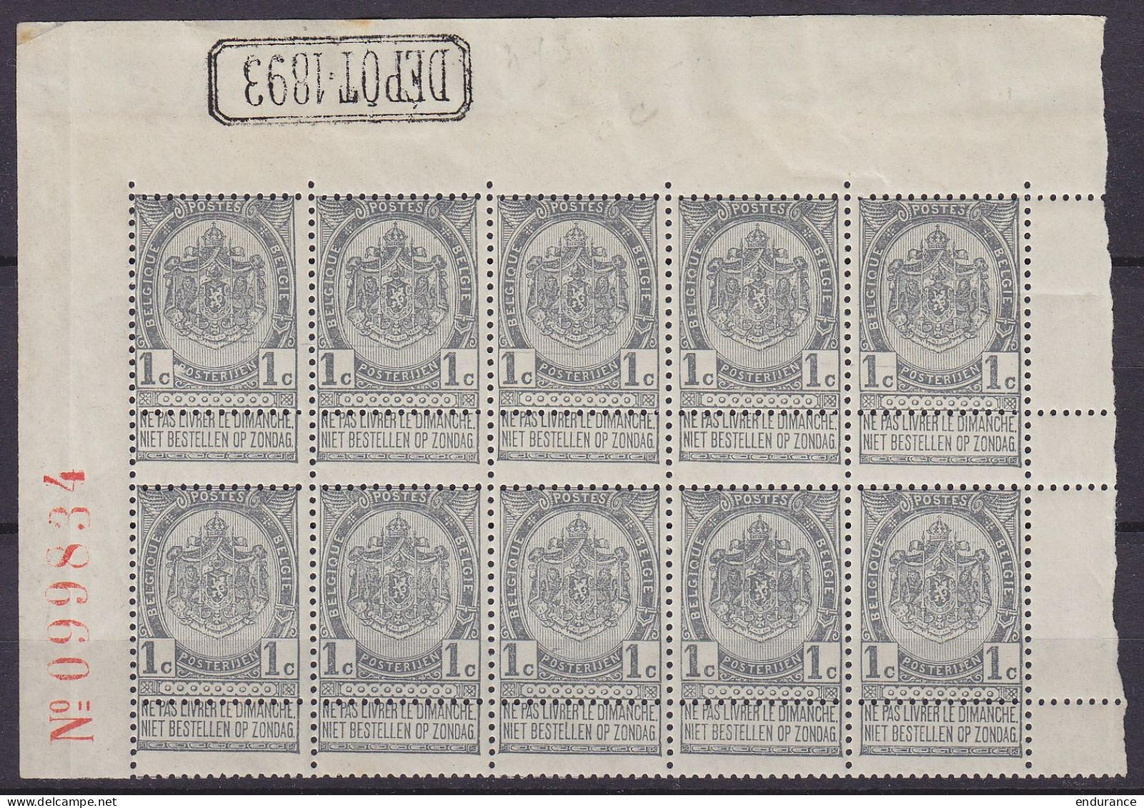 Belgique - Bloc 10x N°53 ** 1c Gris Armoiries 1893 - Coin De Feuille & Numéro - Interpanneaux - 1893-1907 Coat Of Arms