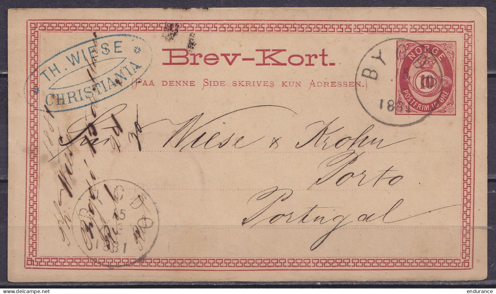 Norvège - EP Brev-Kort CP 10ö De Christiania (Oslo) Càd BYCDO /15/3/1881 (Bygdøy) Pour PORTO Portugal - Postal Stationery