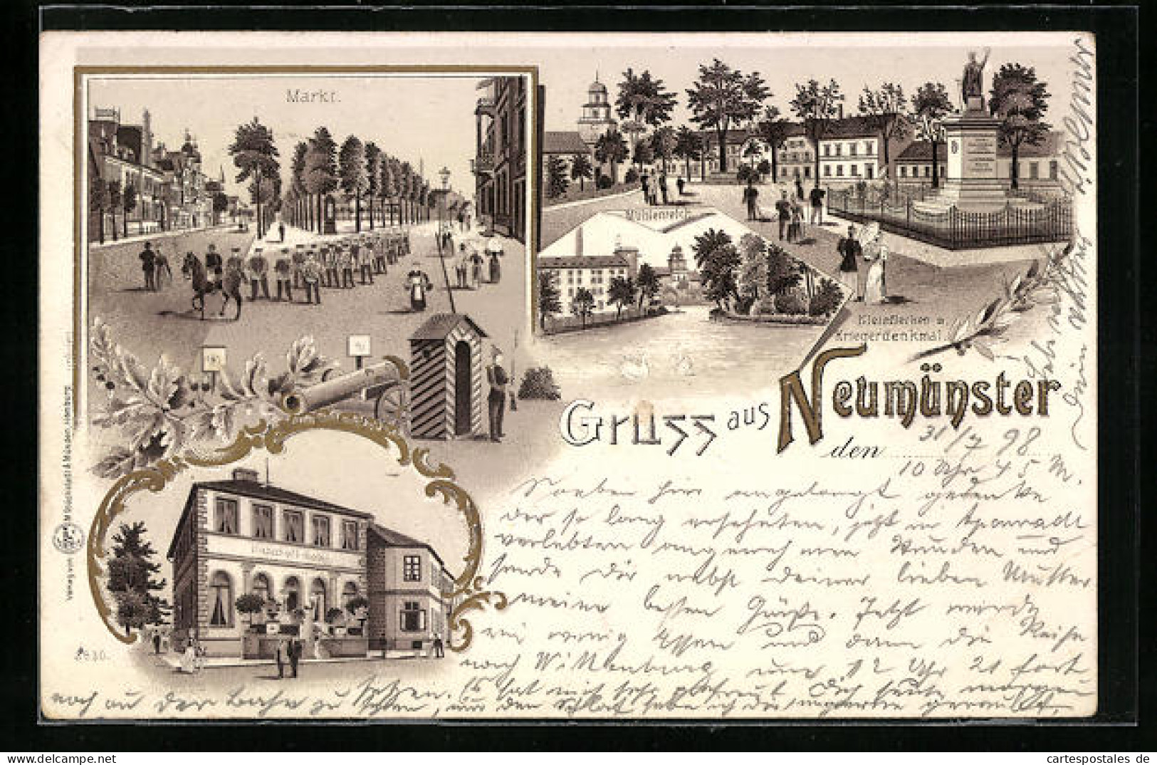 Lithographie Neumünster, Markt Mit Soldaten, Bahnhofshotel, Kleinflecken Am Kriegerdenkmal  - Neumünster