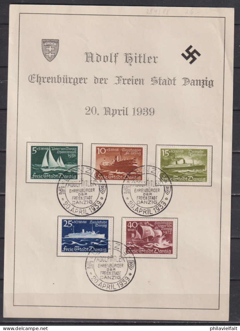 Danzig WHW Schiffe MiNo. 284/88 Auf Sonderblatt Mit SSt 20.April 1939 .. Ehrenbürger Der Freien Stadt Danzig - Lettres & Documents