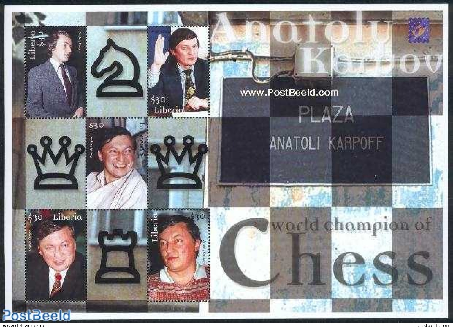 Liberia 2001 Chess 5v M/s, Plaza A Karpof, Mint NH, Sport - Chess - Chess