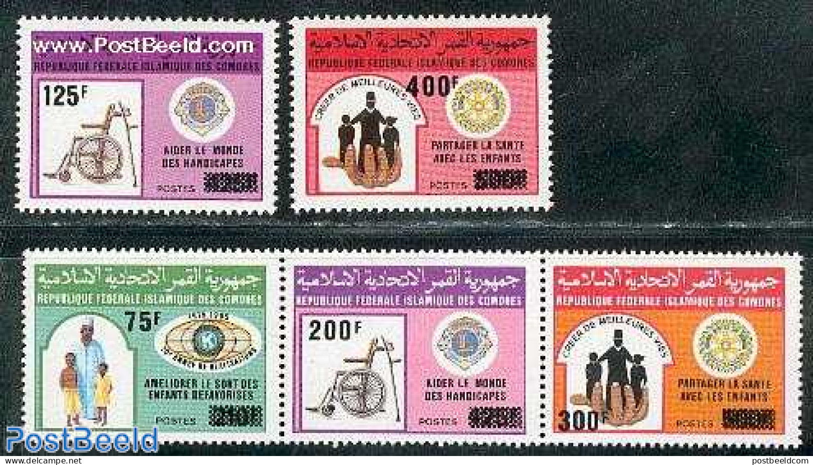 Comoros 1988 Lions, Rotary 5v, Mint NH, Health - Various - Disabled Persons - Lions Club - Rotary - Handicaps