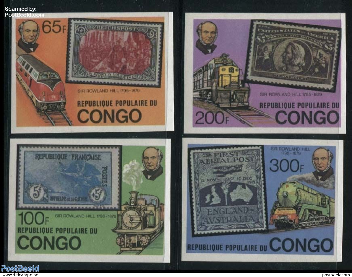 Congo Republic 1979 Sir Rowland Hill 4v, Imperforated, Mint NH, Transport - Sir Rowland Hill - Stamps On Stamps - Rail.. - Rowland Hill