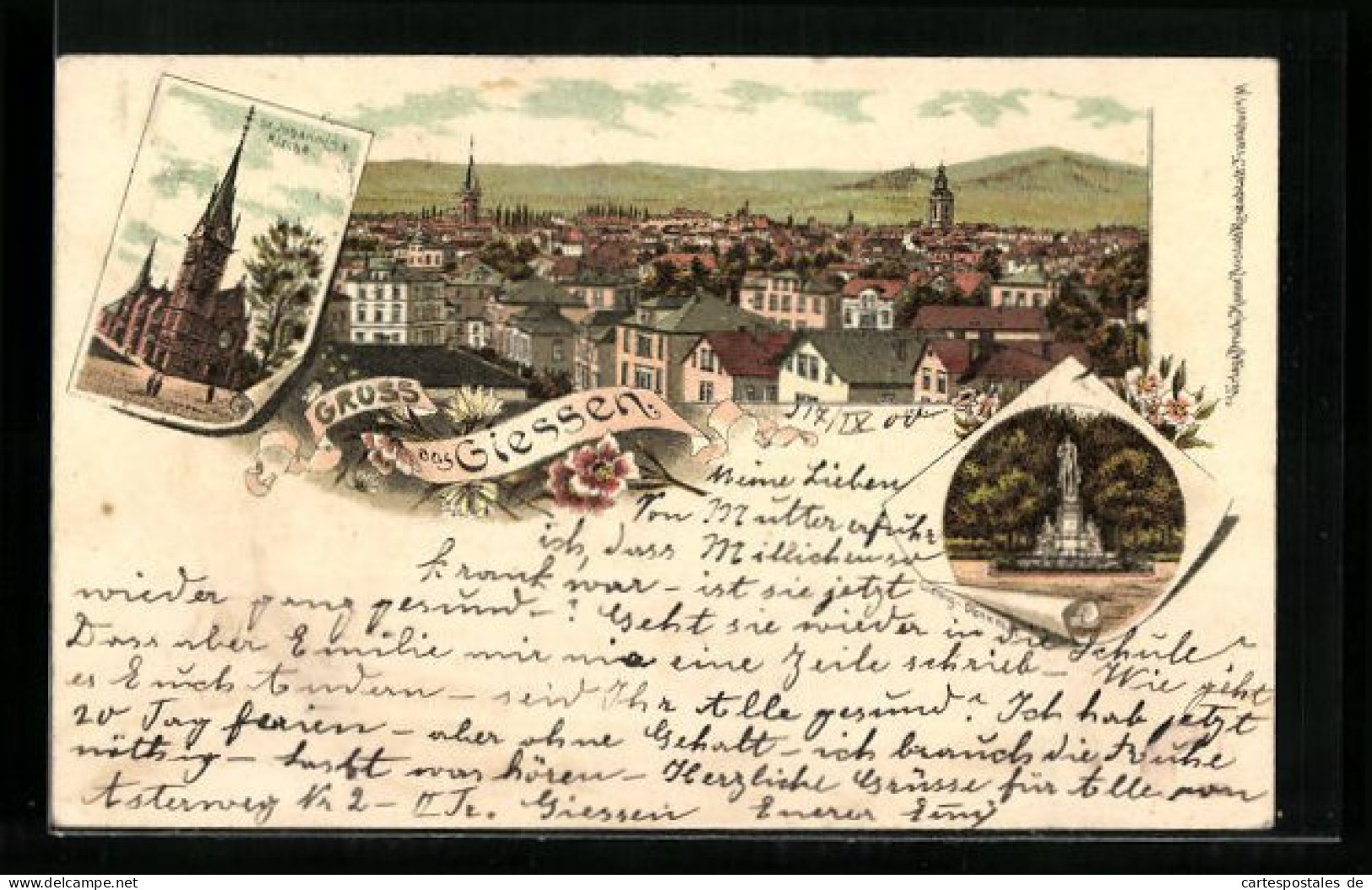 Lithographie Giessen, Teilansicht, St. Johannis-Kirche, Liebig-Denkmal  - Giessen