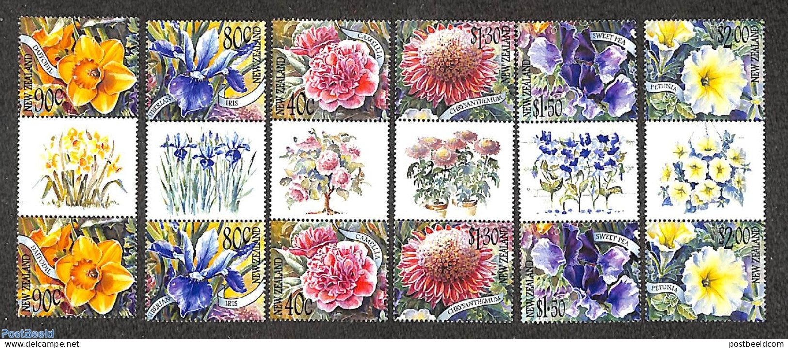 New Zealand 2001 Garden Flowers 6v Gutter Pairs, Mint NH, Nature - Flowers & Plants - Unused Stamps