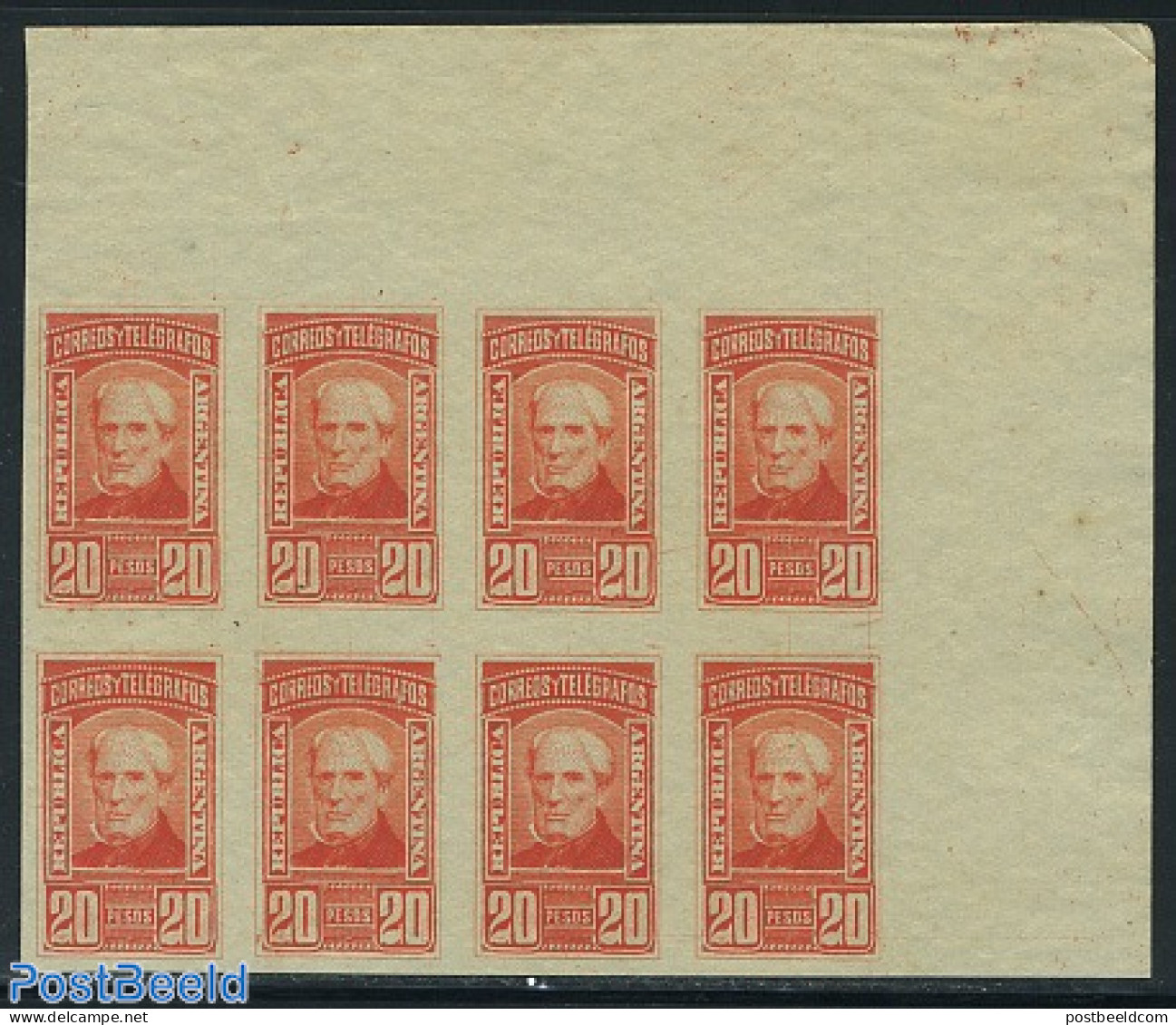 Argentina 1891 20 Pesos Orange Red Corner Sheetlet Of 8 Stamps Im, Unused (hinged) - Unused Stamps