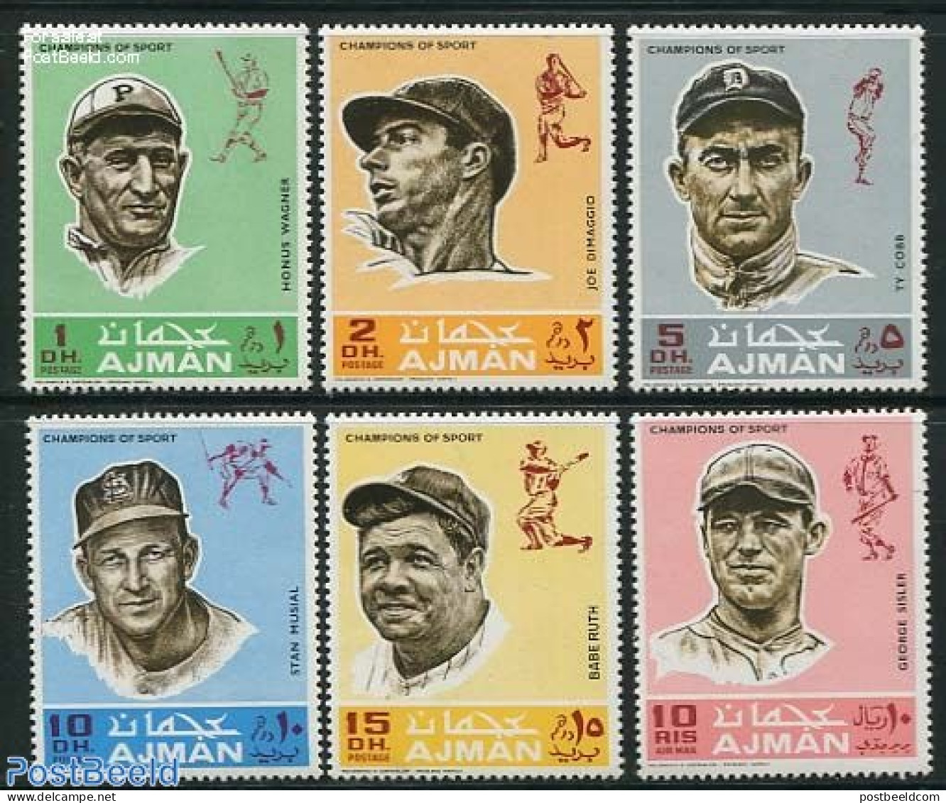 Ajman 1969 Baseball Players 6v, Mint NH, Sport - Baseball - Sport (other And Mixed) - Base-Ball