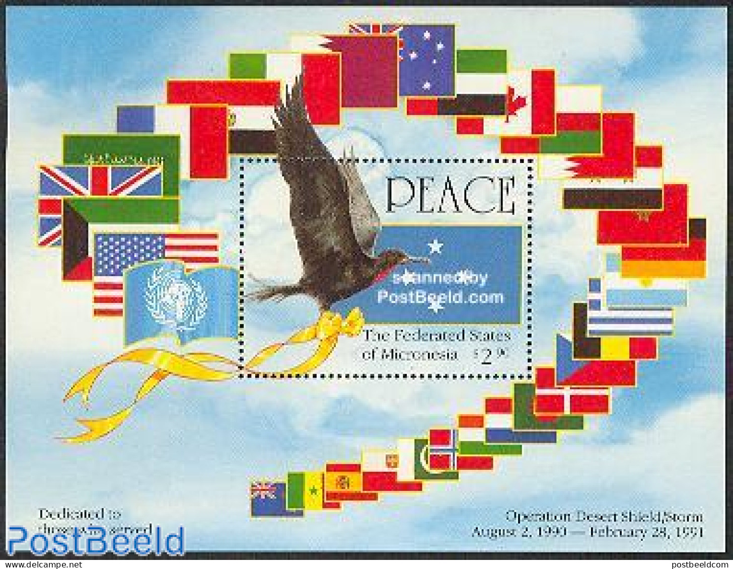 Micronesia 1991 Kuwayt Liberation S/s, Mint NH, History - Nature - Peace - Birds - Micronésie