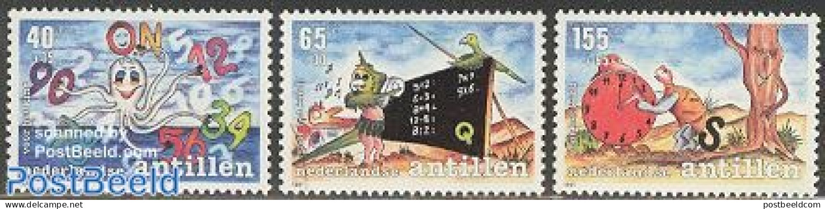 Netherlands Antilles 1991 Child Welfare 3v, Mint NH, Nature - Science - Turtles - Education - Art - Children's Books I.. - Horloges