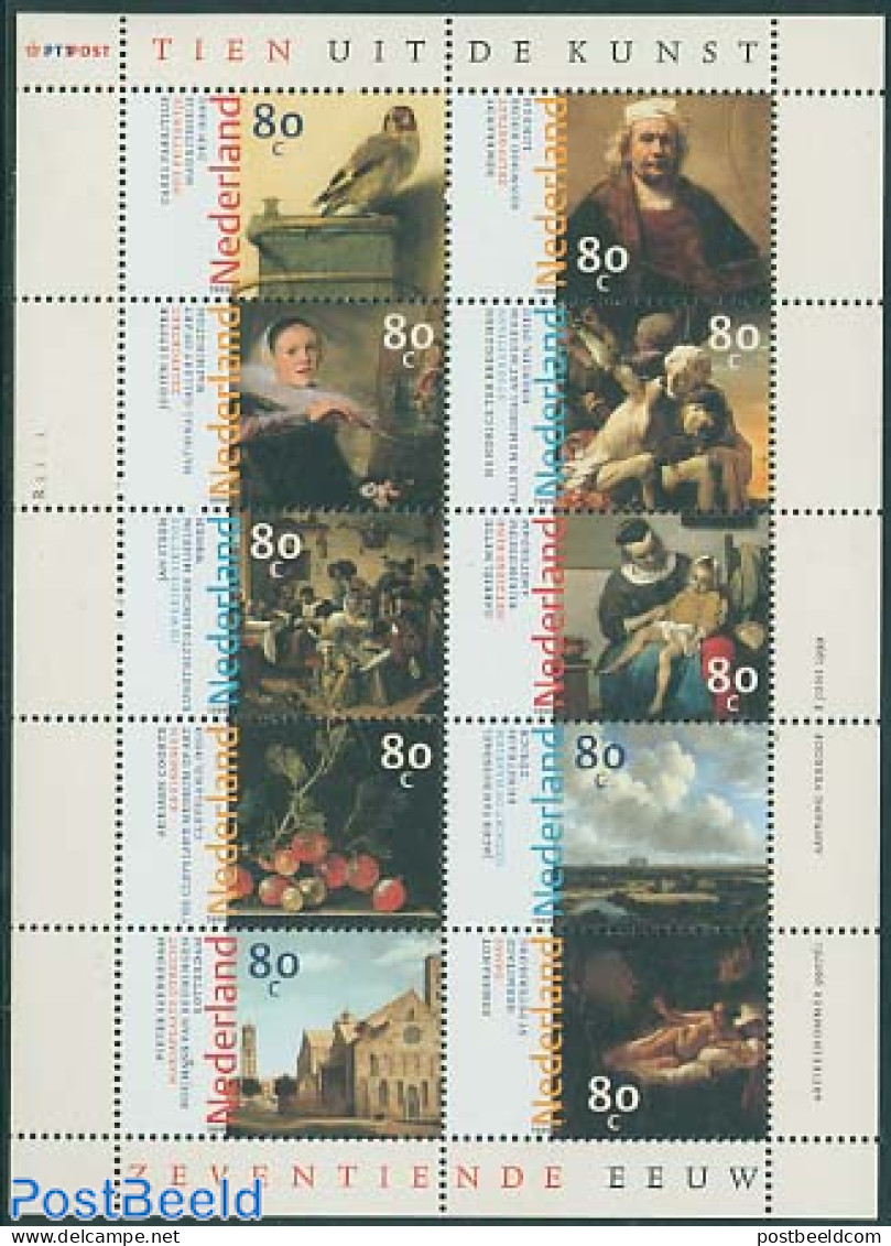 Netherlands 1999 17th Century Dutch Art 10v M/s, Mint NH, Nature - Birds - Art - Paintings - Rembrandt - Unused Stamps
