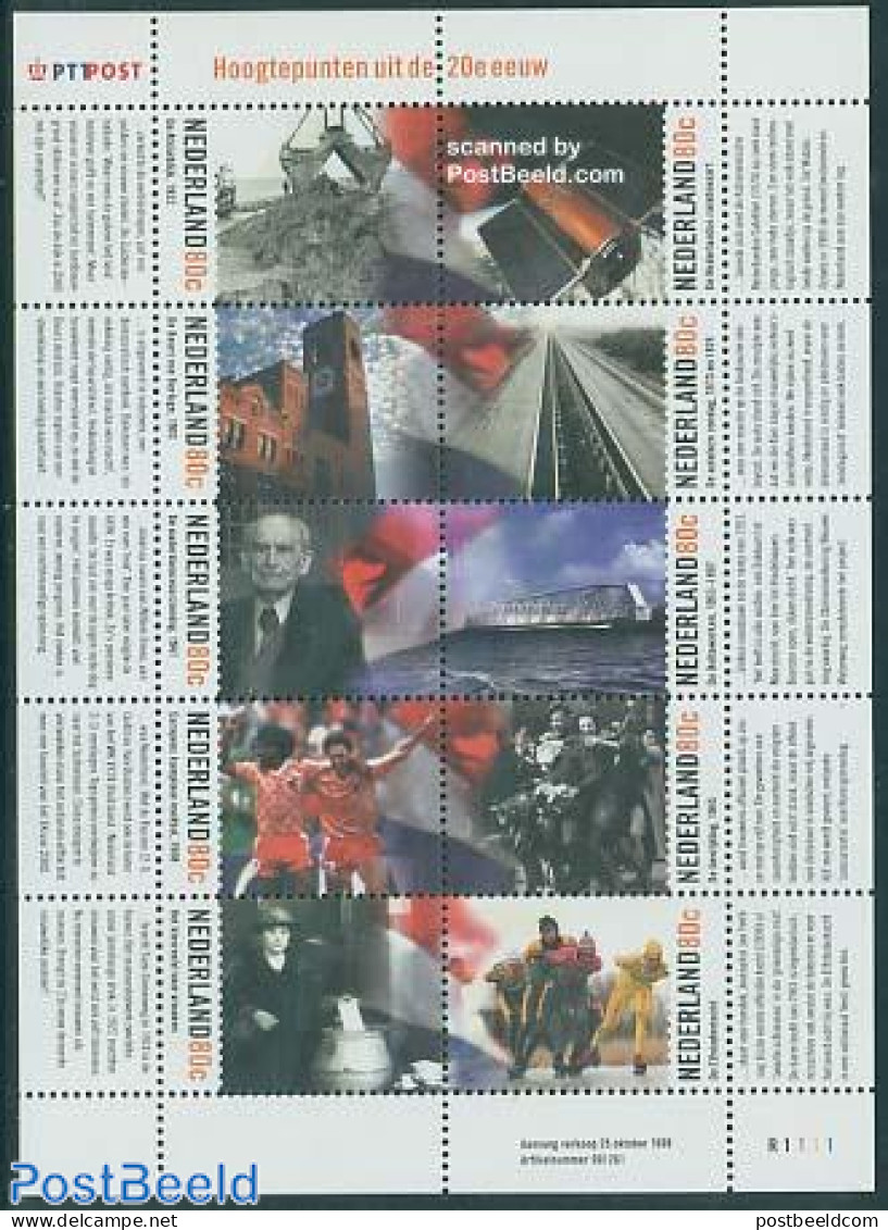 Netherlands 1999 20th Century 10v M/s, Mint NH, History - Nature - Sport - Transport - Militarism - Water, Dams & Fall.. - Neufs
