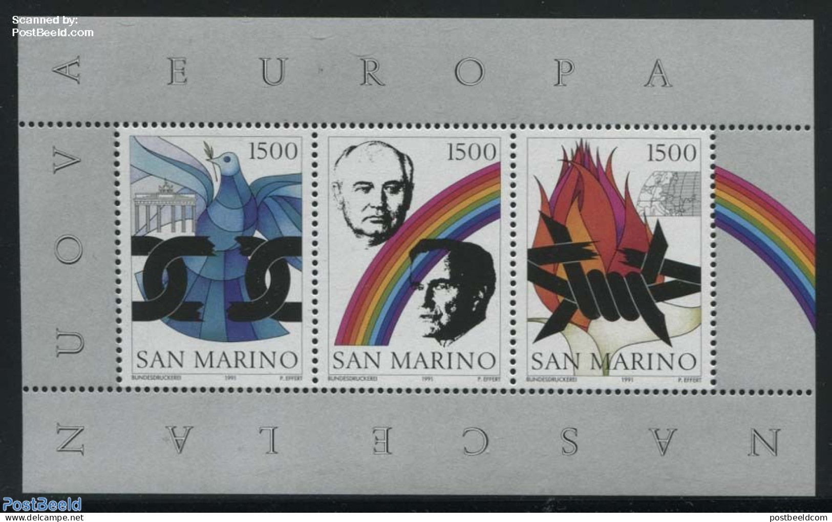 San Marino 1991 New Europe S/s, Mint NH, History - Nature - Europa Hang-on Issues - Politicians - Birds - Pigeons - Ungebraucht