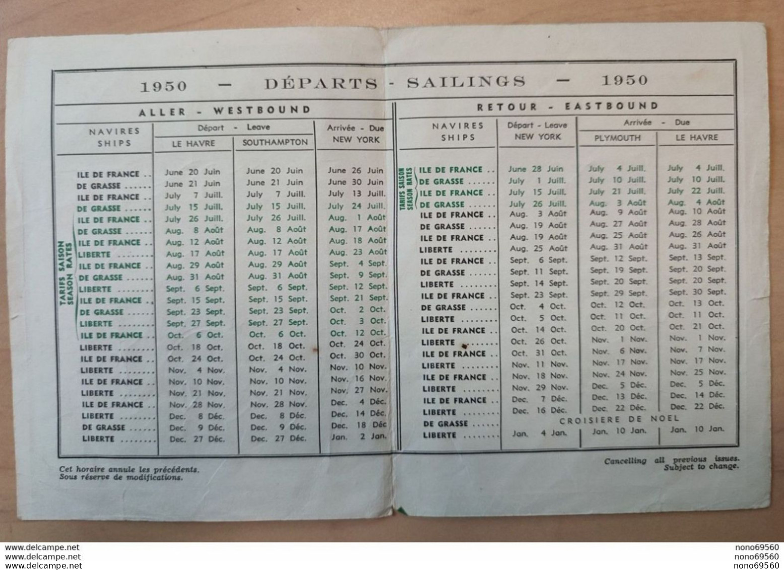 Compagnie Generale Transatlantique LE HAVRE SOUTHAMPTON NEW YORK Les Dates De Depart De 1950 - Autres & Non Classés