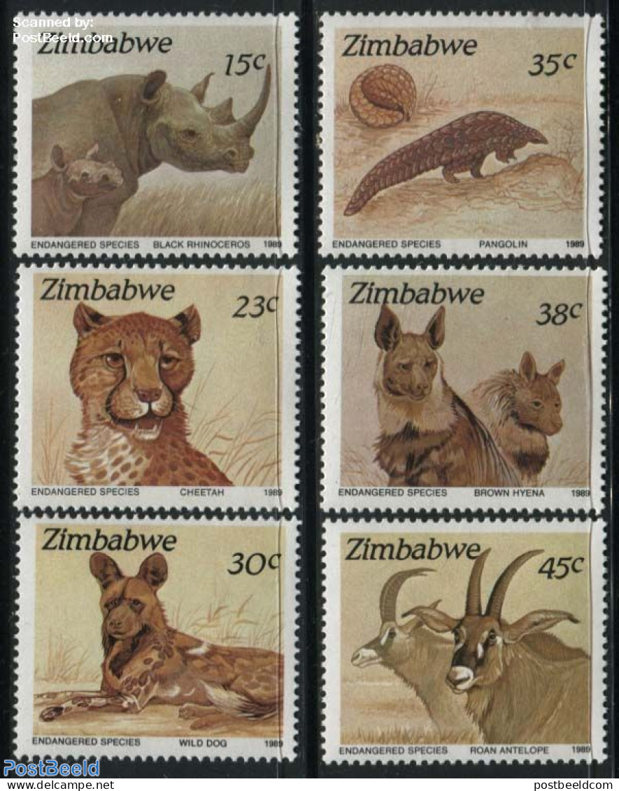 Zimbabwe 1989 Animals 6v, Mint NH, Nature - Animals (others & Mixed) - Cat Family - Rhinoceros - Zimbabwe (1980-...)