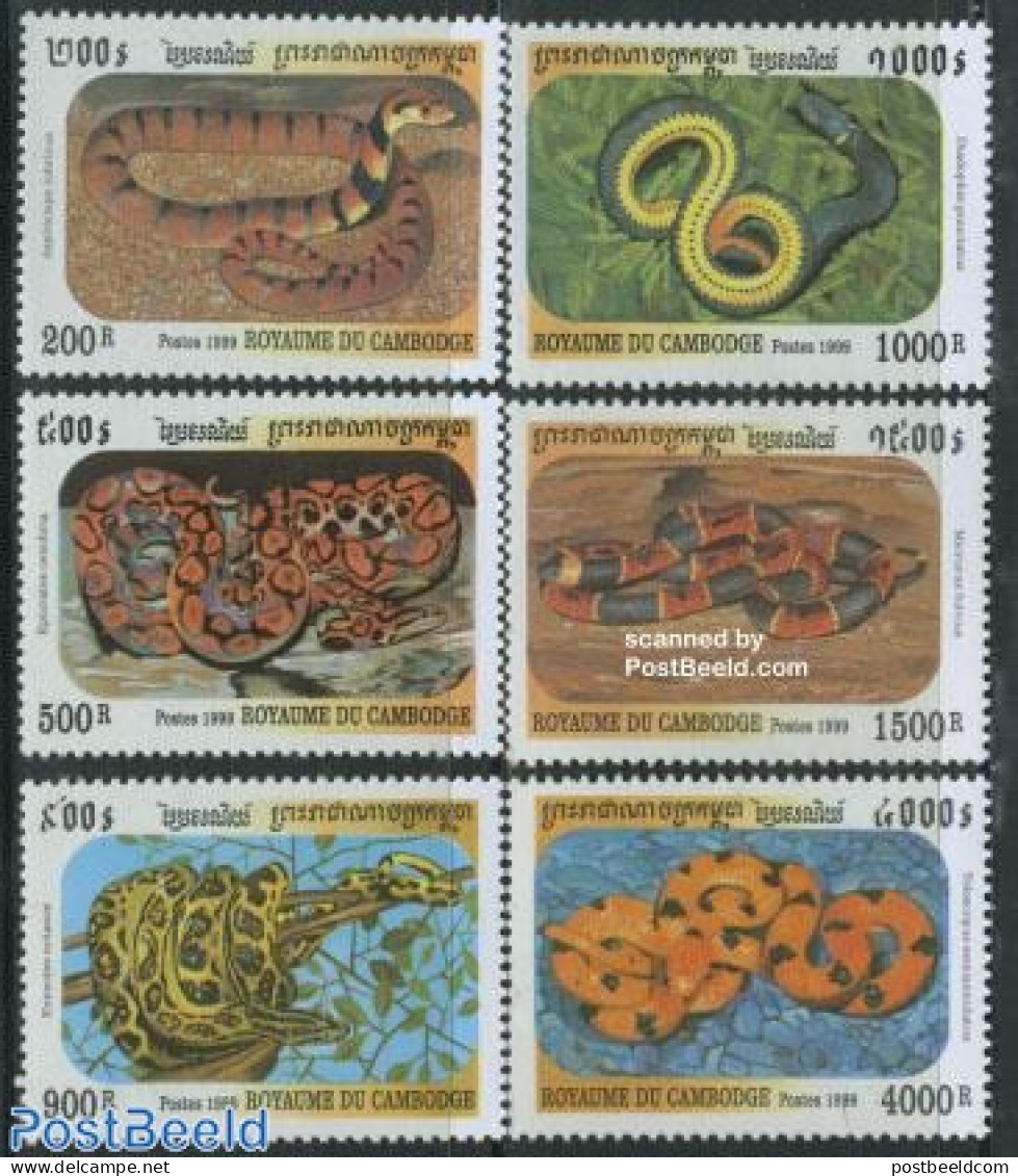 Cambodia 1999 Snakes 6v, Mint NH, Nature - Reptiles - Snakes - Cambodia