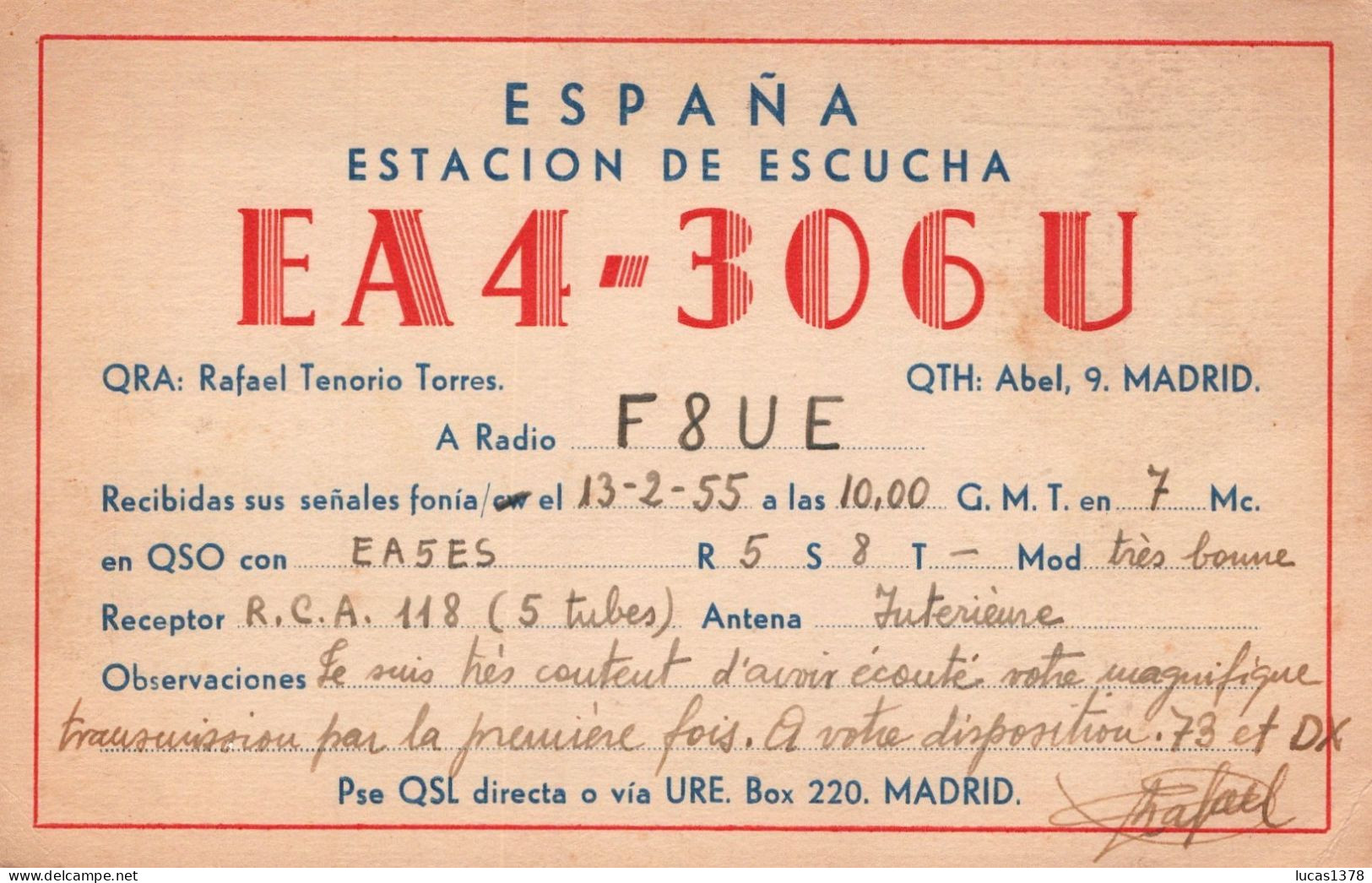 ESPAGNE / CARTE QSL RADIO AMATEUR / 1955 / TIMBRE AU DOS - Radio Amatoriale