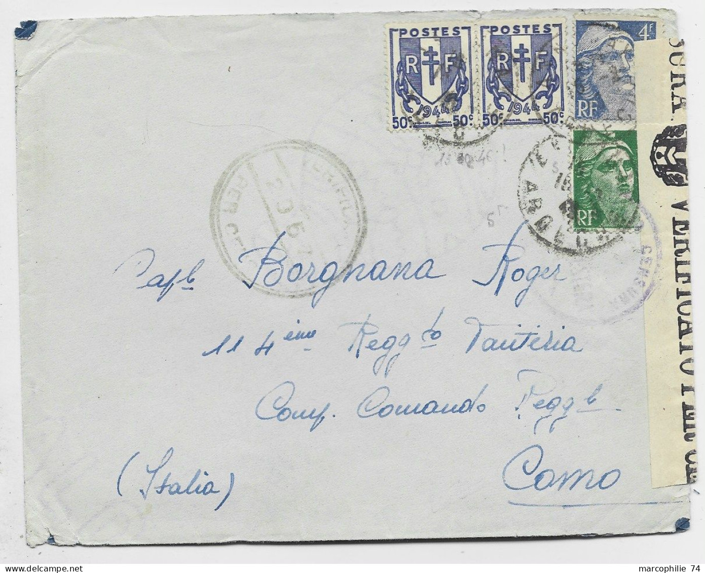 CHAINE 50CX2 + GANDON 4FR BLEU +5FR VERT LETTRE ANNONAY ARDECHE 1947 POUR COMO ITALIA CENSURA AU TARIF - 1941-66 Escudos Y Blasones