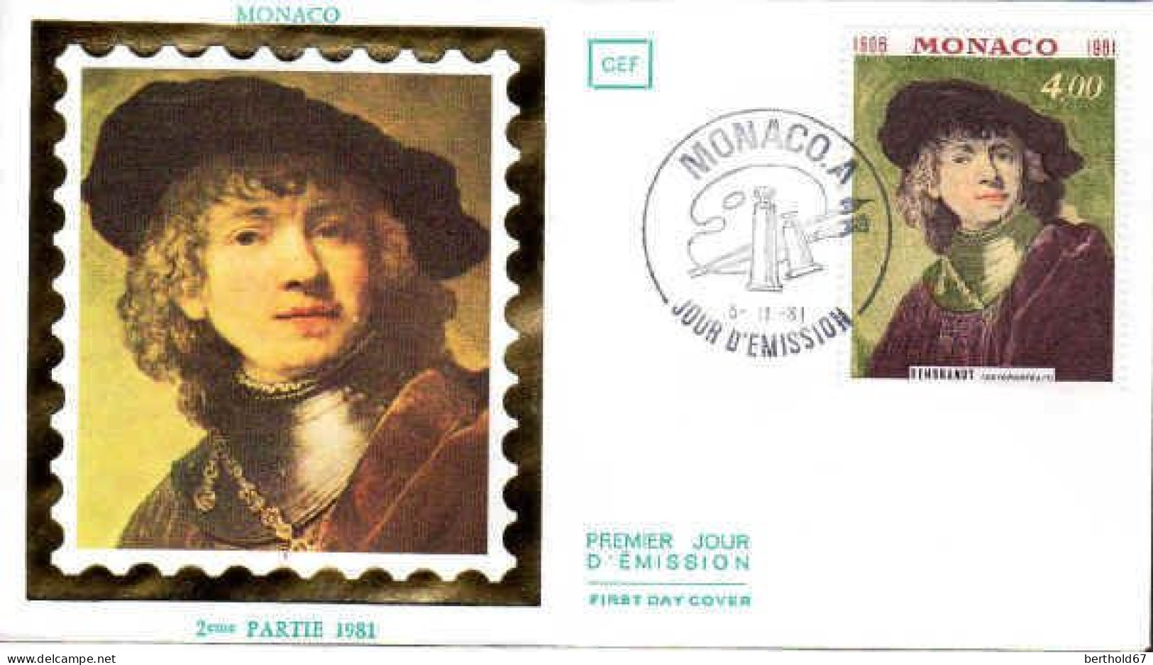 Monaco Poste Obl Yv:1294 Mi:1495 Rembrandt Autoportrait (TB Cachet à Date) Fdc 5-11-81 - Oblitérés