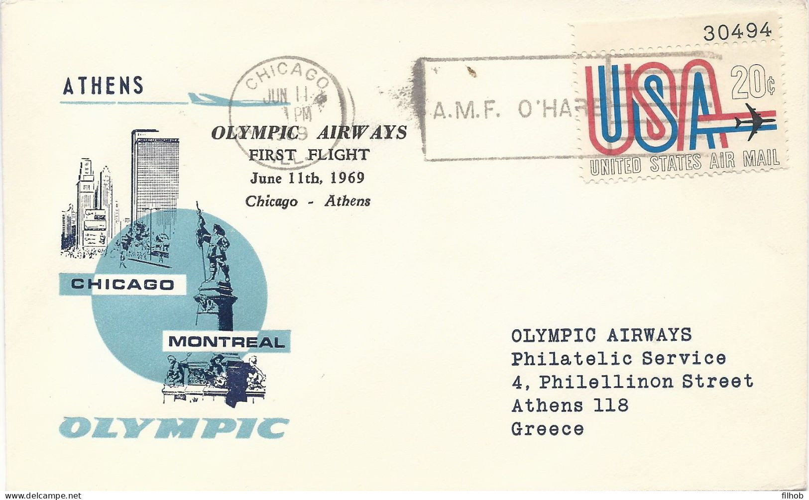 USA Postmark (3549): 1969 Sport Olympic Flight Chicago Athenes - 1961-80