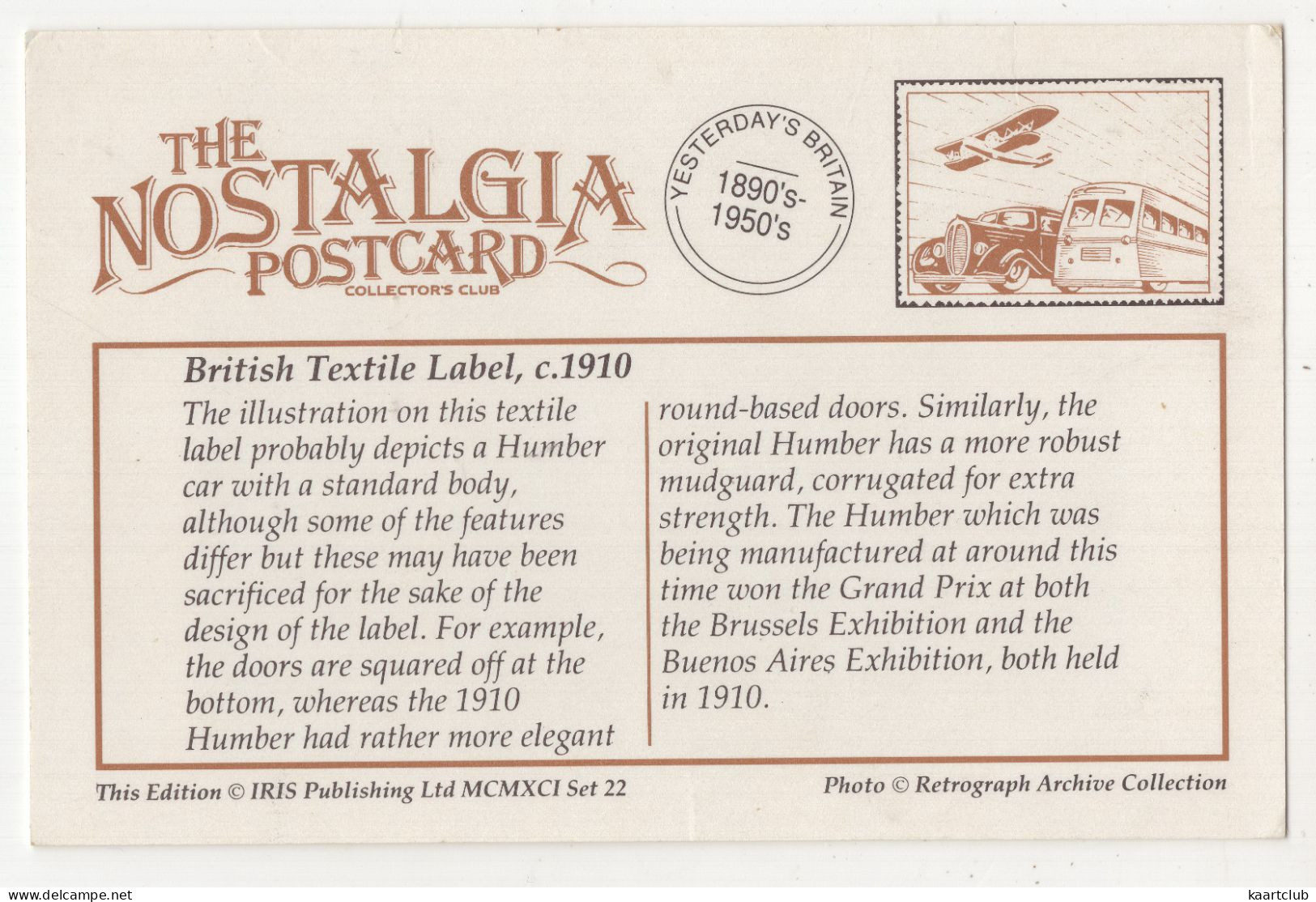 British Textile Label, C. 1910-  HUMBER - (England) - PKW