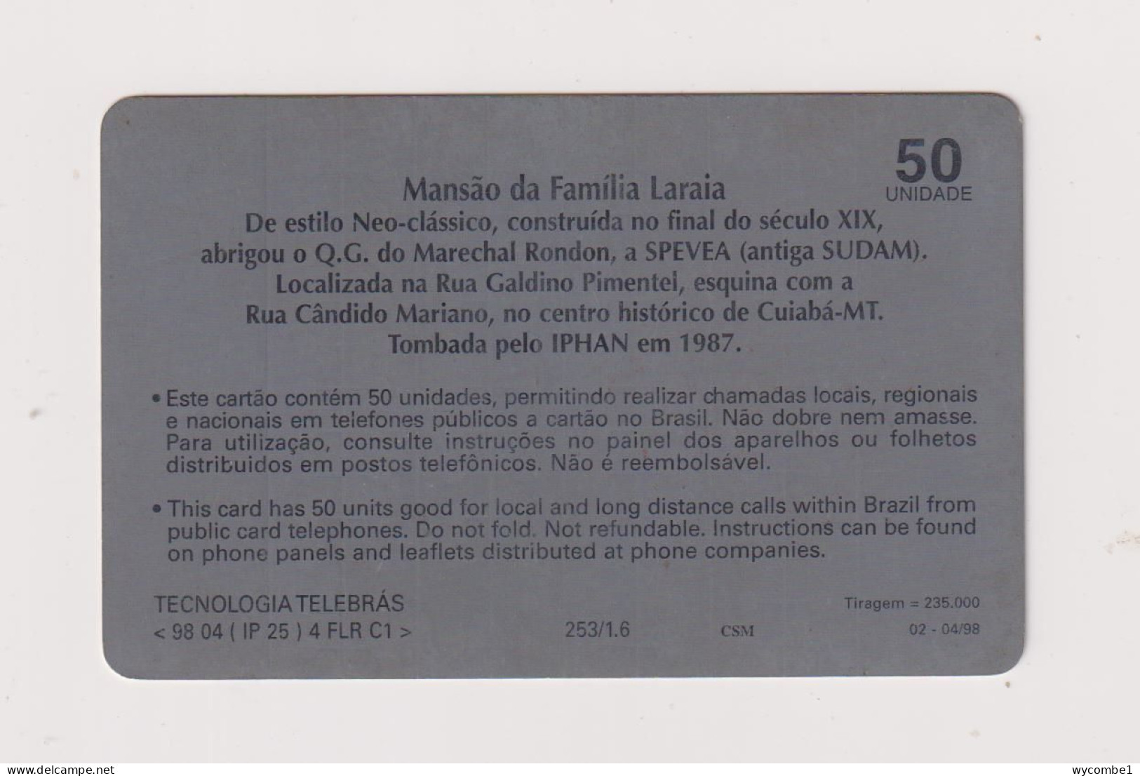 BRASIL - Laraia Family Mansion Inductive Phonecard - Brasil