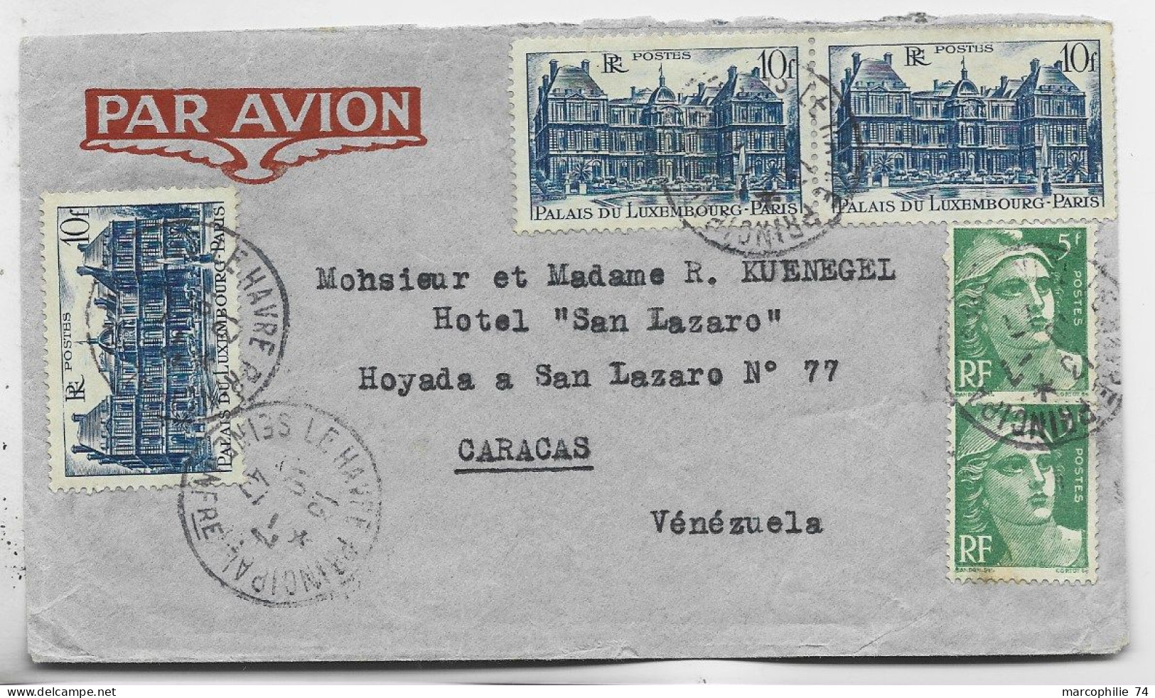 FRANCE GANDON 5FR VERTX2+ 760X3 LETTRE AVION LE HAVRE 10.7.1947 POUR GUATEMALA AU TARIF - 1945-54 Marianne De Gandon