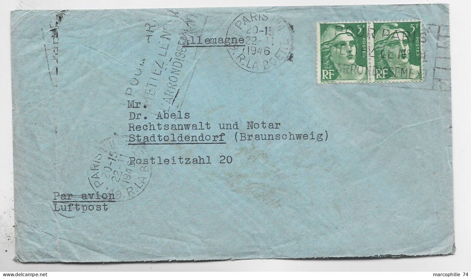 FRANCE GANDON 5FR VERTX2 LETTRE MEC PARIS VIII 22.11.1946 POUR ALLEMAGNE AU TARIF - 1945-54 Marianne Of Gandon