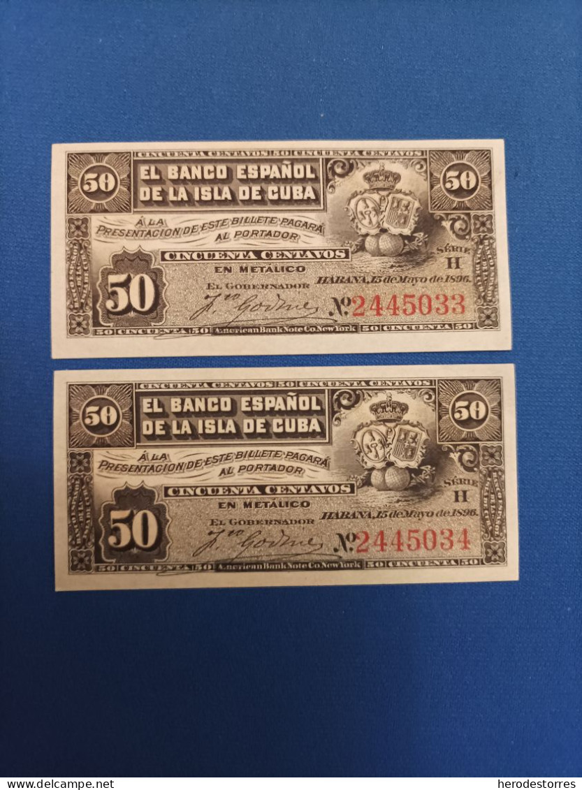 Pareja Correlativa 50 Centavos Banco Español, Isla De Cuba, Año 1896, Sc/plancha - Cuba