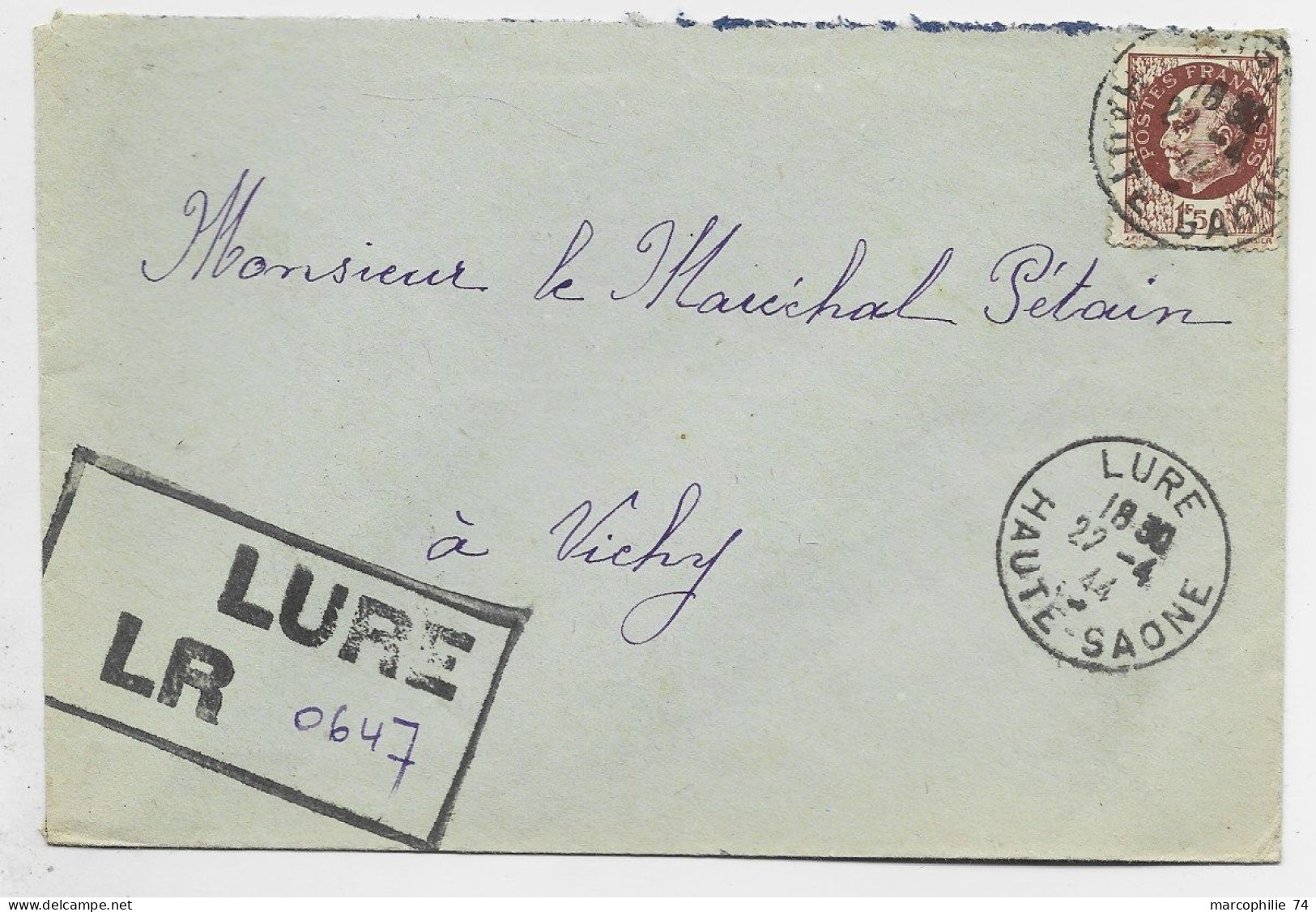 FRANCE  PETAIN 1FR50 SEUL LETTRE REC LURE 22.4.1944 HAUTE SAONE ADRESSEE MARECHAL PETAIN A VICHY + VERSO - 1941-42 Pétain