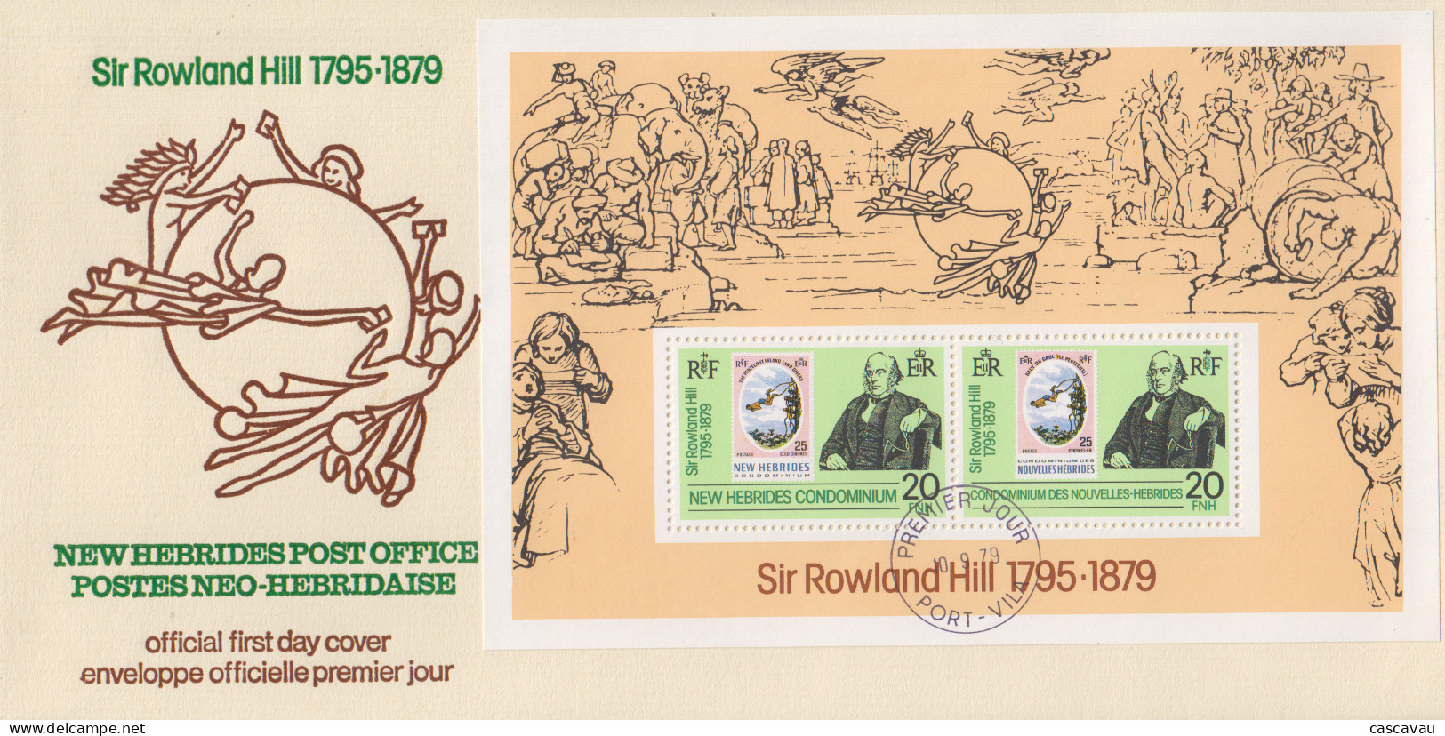 Enveloppe  FDC  1er  Jour   NOUVELLES  HEBRIDES  Bloc  Feuillet    Sir  Roland  HILL   1979 - FDC