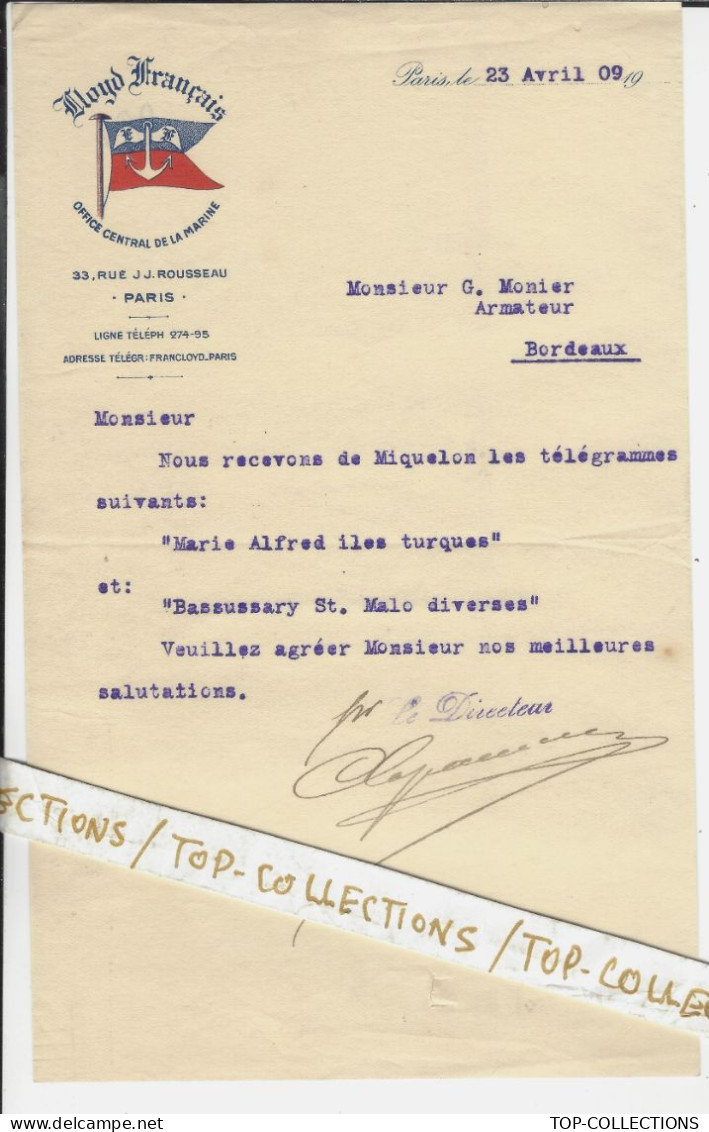 1909  NAVIGATION PECHE OFFICE CENTRAL DE LA MARINE Paris Lloyd Français Pour G.Monier Armateur Bordeaux  V.HISTORQUE - 1800 – 1899
