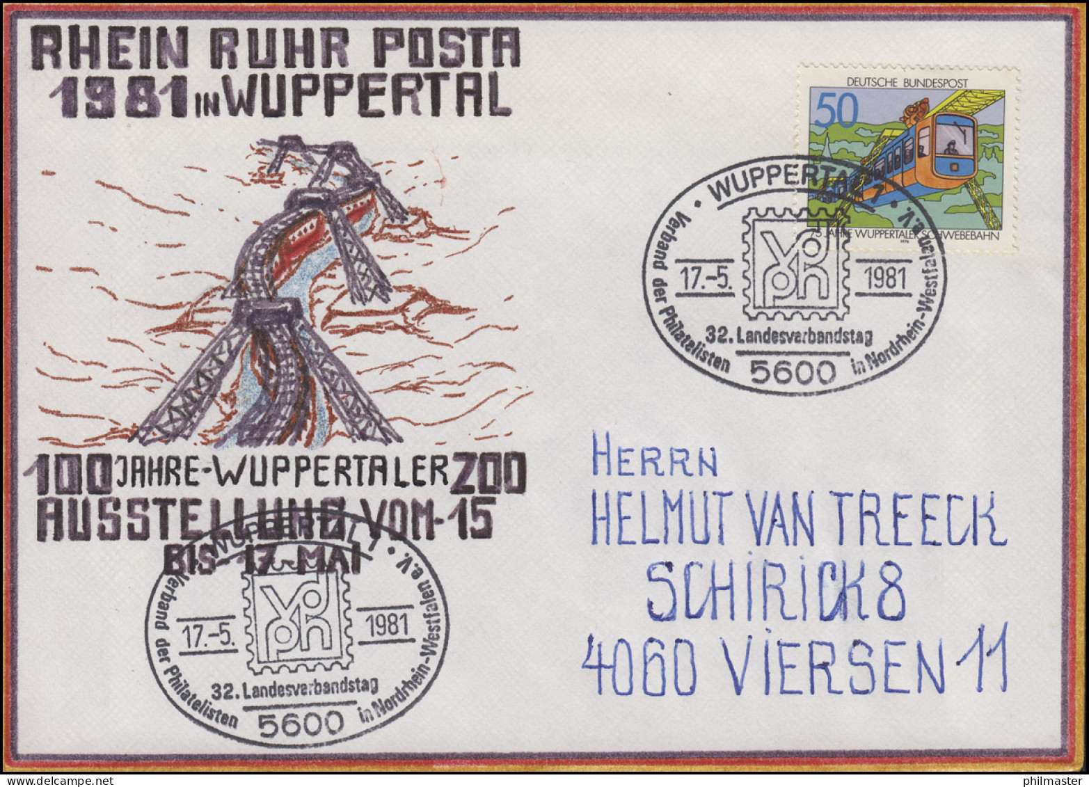 RRP Wuppertaler Schwebebahn Selbstgemalter Brief SSt Wuppertal Vdph 17.5.1981 - Otros (Tierra)