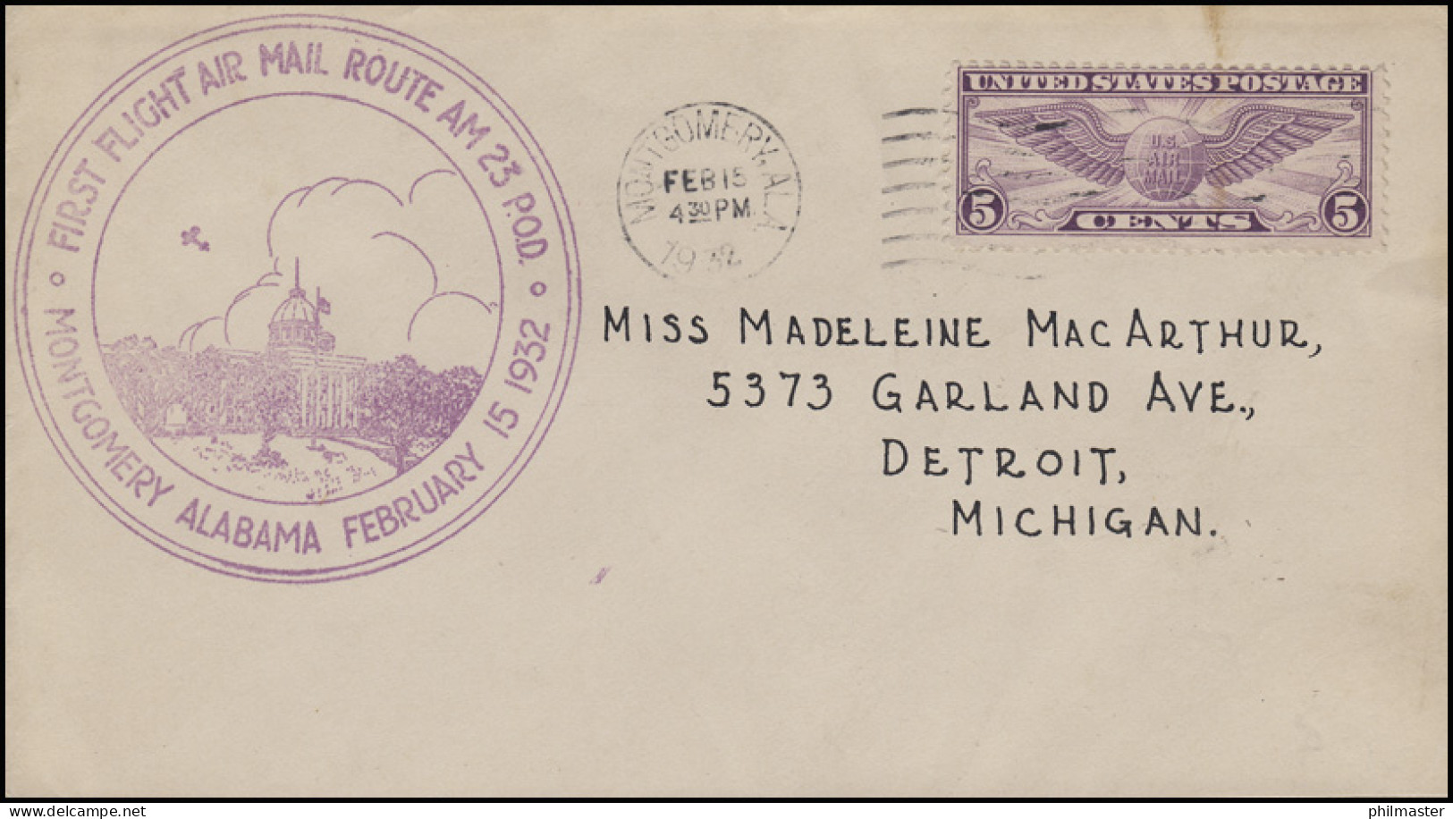 Erstflug Route AM 23 P.O.D. Montgomery Alabama 15.2.1932, Bf Nach Detroit/Mich. - Altri & Non Classificati