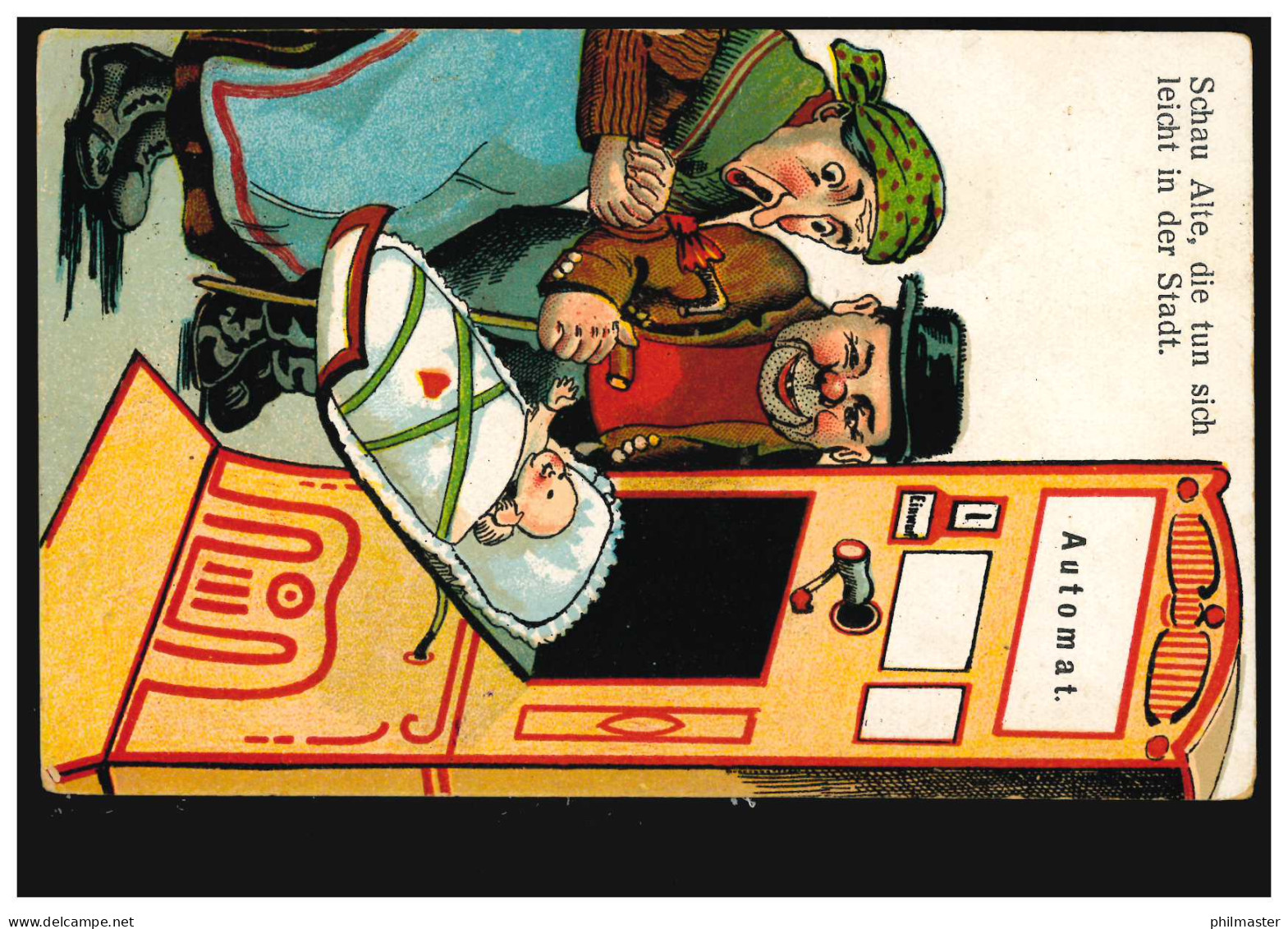 Karikatur-AK Der Baby-Automat In Der Stadt, Feldpost KONSTANZ 2.1.1918 - Humor