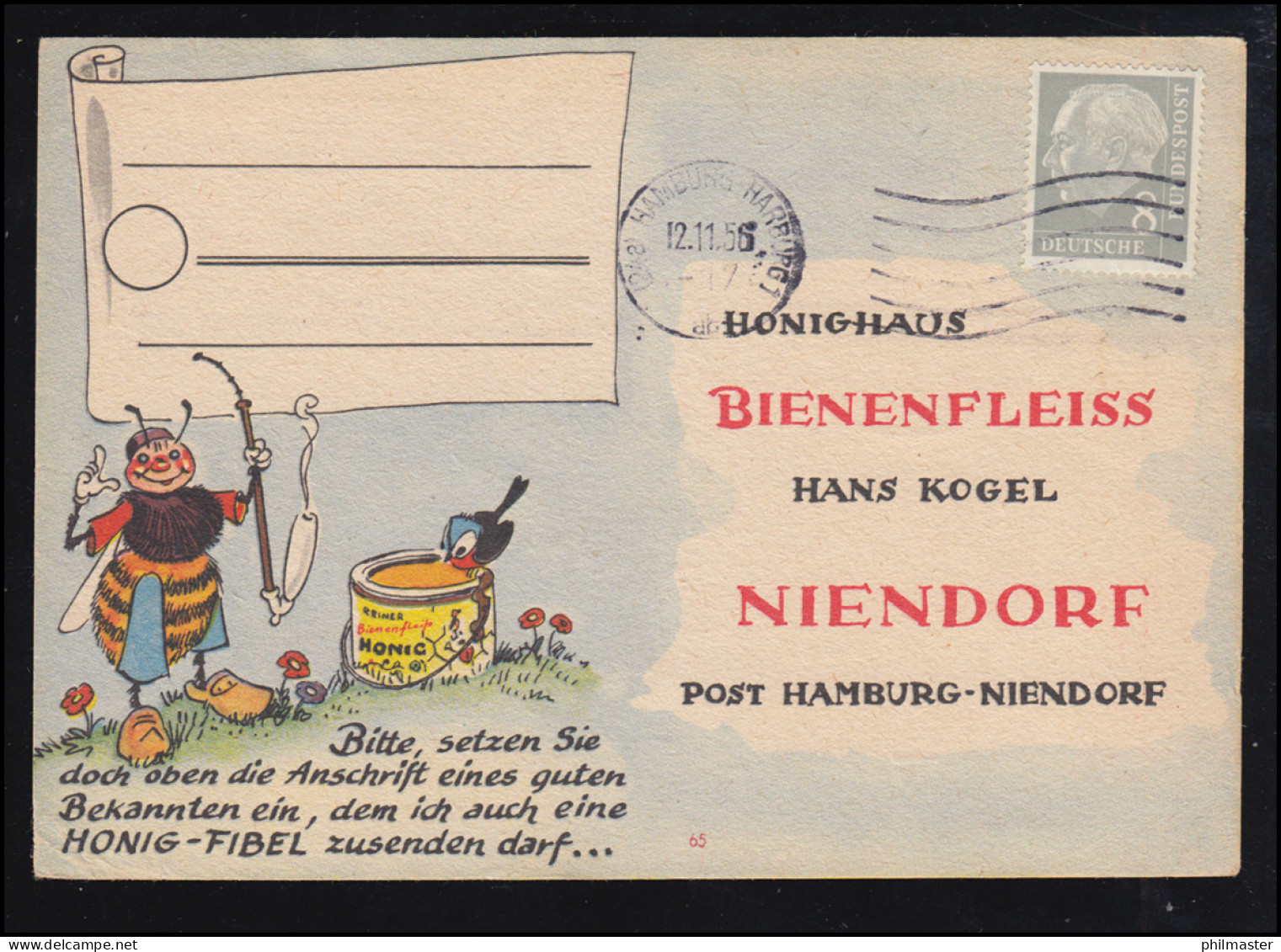 Karikatur-Karte Honighaus Bienenfleiss: Biene Mit Tabakpfeife HAMBURG 12.11.1956 - Humor