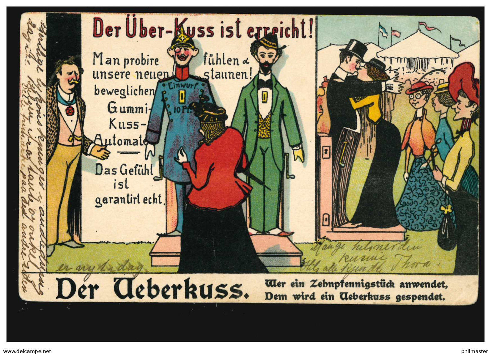 Karikatur-AK Der Überkuss - Der Gummi-Kuss-Automat! NAUMBURG (SAALE) 1.4.1902 - Humor