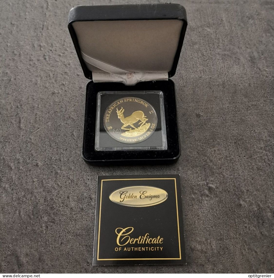 COFFRET GOLDEN ENIGMA 1000 FRANCS CFA ARGENT 2015 SPRINGBOK GABON 1 OZ SILVER999 - Gabón