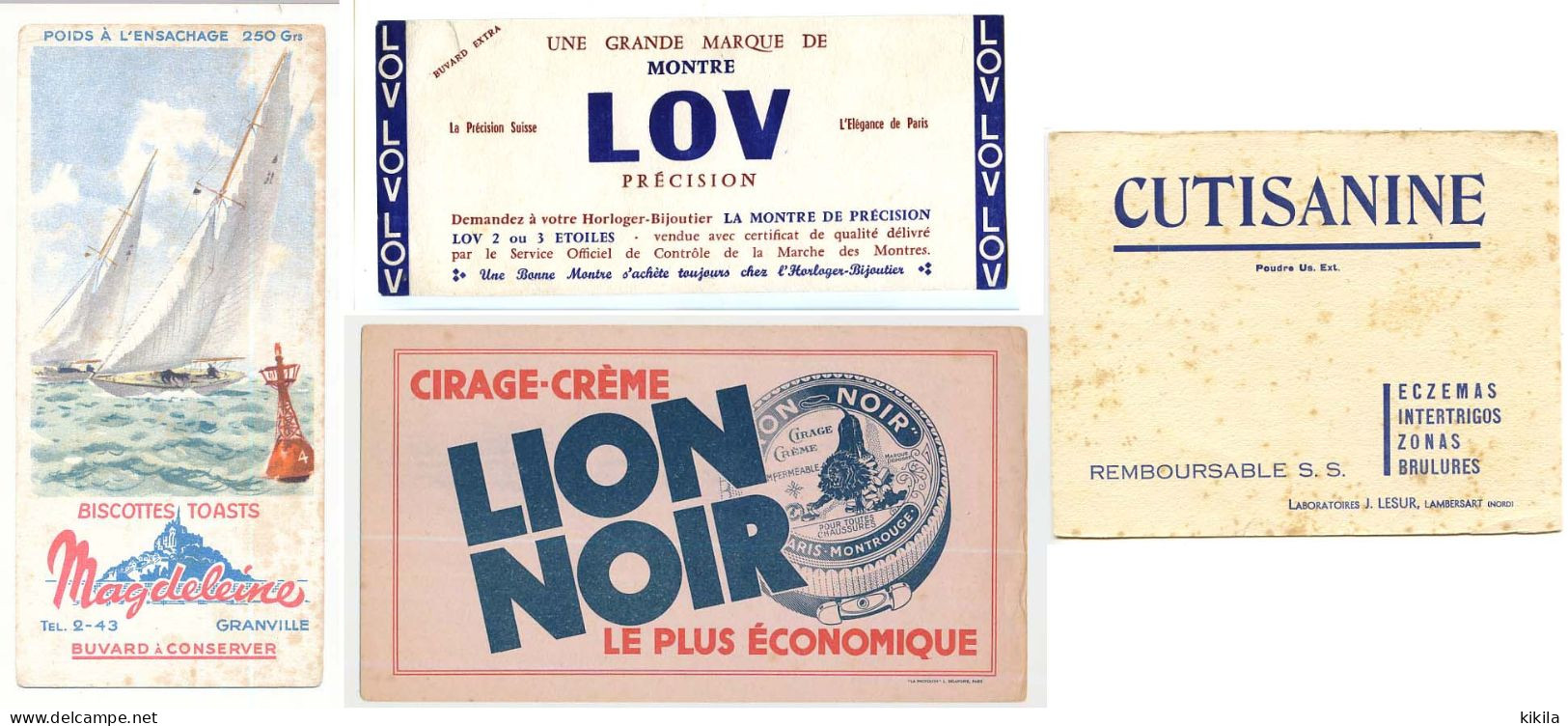 Lot De 4 Buvards (30) LESUR - LION NOIR - LOV - MAGDELEINE  Avec Défauts :taches,  Pliures,déchirures Etc. Etc - Collections, Lots & Series