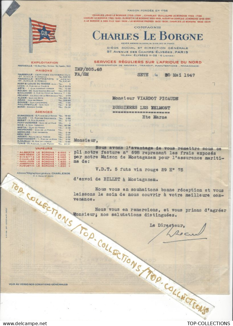 1947 ENTETE PAVILLON CHARLES LE BORGNE NAVIGATION En AFRIQUE DU  NORD Sète => Bussières Les Belmont Haute Marne V.HIST. - 1900 – 1949