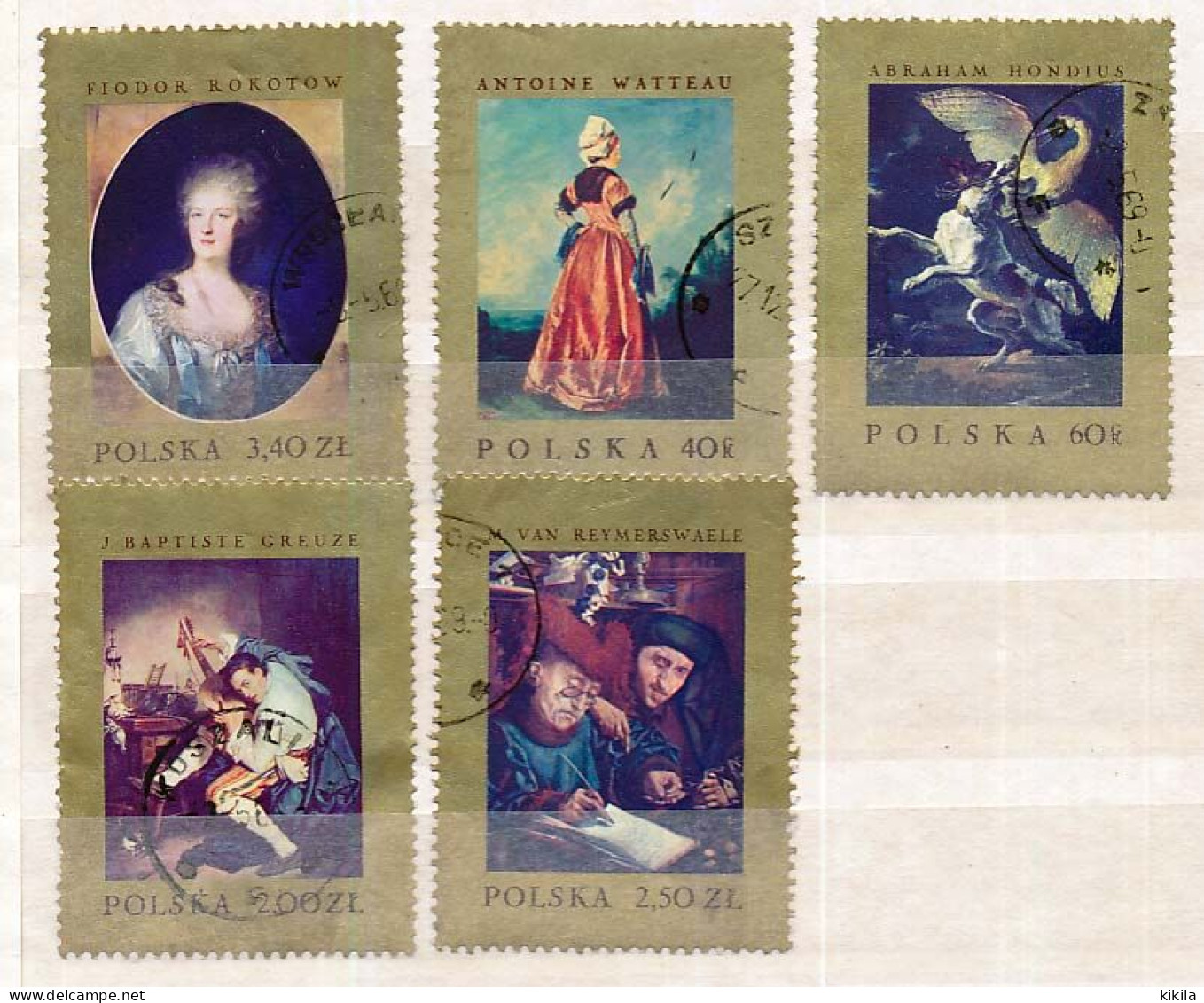 5 Timbres Oblitérés POLOGNE IX-16 Tableau Peinture Antoine Watteau - J. Baptiste Greuze - Fiodor Rotokov ... - Other & Unclassified